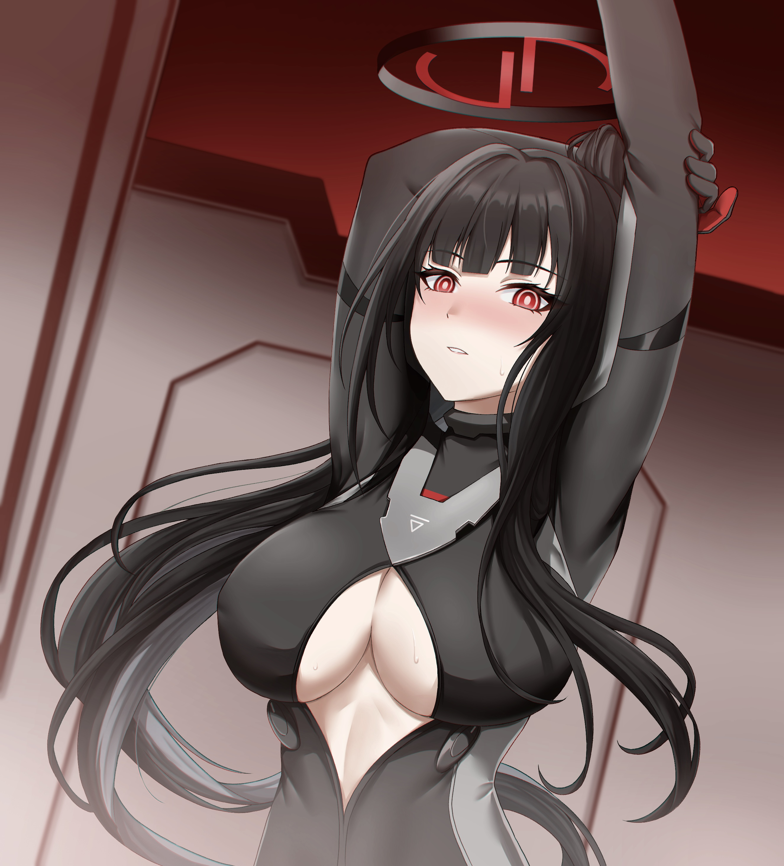 raimusamu, rio (armed) (blue archive), rio (blue archive), blue archive, absurdres, commentary, highres, 1girl, arms up, black bodysuit, black hair, black halo, blunt bangs, blush, bodysuit, breasts, bright pupils, cleavage, hair ornament, halo, impossible bodysuit, impossible clothes, large breasts, latex, latex bodysuit, long hair, looking at viewer, multicolored halo, nose blush, official alternate costume, official alternate hairstyle, open bodysuit, open clothes, parted lips, partially unzipped, ponytail, red eyes, ringed eyes, sidelocks, skin tight, solo, standing, stretching, sweat, two-tone halo, upper body, very long hair, white pupils