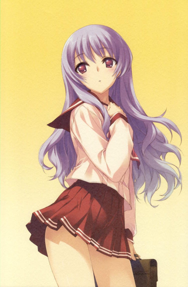 kawata hisashi, himekawa kotone, to heart, to heart (series), light purple hair, 1girl, brown eyes, contrapposto, female focus, long hair, long sleeves, purple hair, red skirt, sailor collar, school uniform, shirt, simple background, skirt, solo, standing, very long hair, white shirt, yellow background