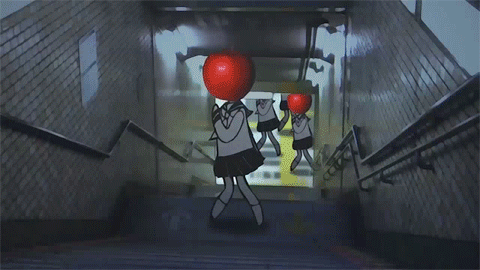 hitou nami, sayonara zetsubou sensei, animated, animated gif, lowres, 00s, 6+girls, abstract, apple, curry, dancing, energy beam, faux traditional media, food, fruit, multiple girls, object head, photo background, school uniform, serafuku, shaft (company), surreal