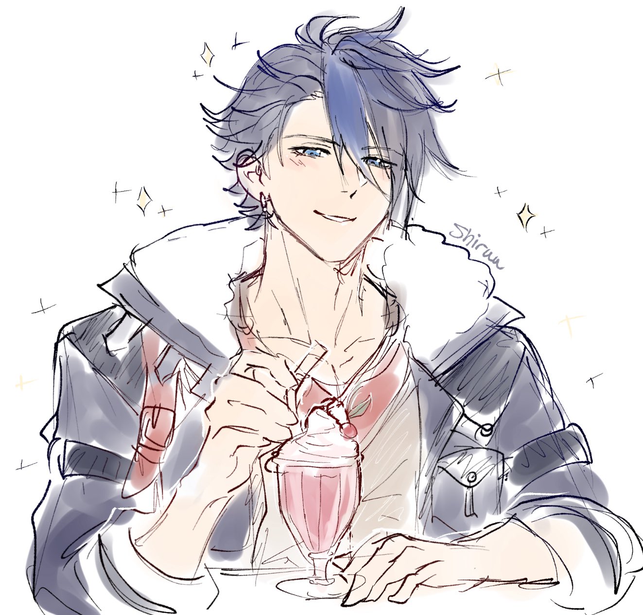 shiruuruu, van arkride, eiyuu densetsu, kuro no kiseki (series), commentary, english commentary, highres, 1boy, black hair, blue eyes, blue hair, cherry, coat, collarbone, cup, drinking straw, earrings, food, fruit, fur collar, hair between eyes, holding, holding drinking straw, ice cream, jewelry, long sleeves, male focus, multicolored hair, parted bangs, parted lips, simple background, sketch, smile, solo, sparkle, sparkle background, streaked hair, sundae, two-tone hair, white background