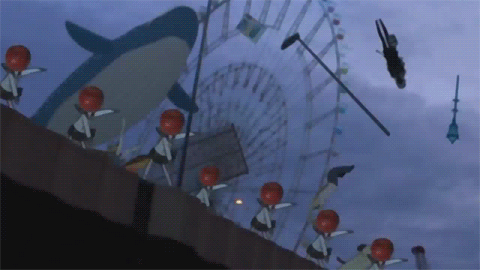 sayonara zetsubou sensei, animated, animated gif, lowres, 00s, 6+girls, abstract, apple, bridge, dancing, dog, ferris wheel, food, fruit, multiple girls, object head, photo background, school uniform, serafuku, shaft (company), surreal, whale