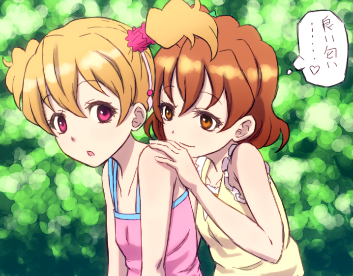 saiko dagashi, momozono love, yamabuki inori, fresh precure!, precure, bad id, bad pixiv id, translated, 00s, 2girls, :o, bare shoulders, blonde hair, brown eyes, brown hair, camisole, casual, heart, looking back, multiple girls, purple eyes, short hair, spoken heart, twintails, upper body, yuri