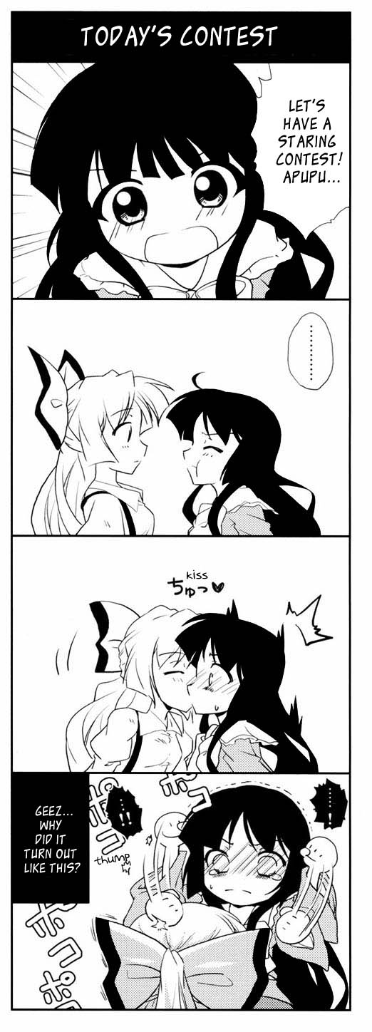 hachi (chihagura), fujiwara no mokou, houraisan kaguya, touhou, silver hair, hard-translated, highres, long image, non-web source, tall image, third-party edit, translated, …, 2girls, 4koma, :t, ^^^, black hair, blush, comic, english text, female focus, greyscale, hair ribbon, hitting, kiss, long hair, monochrome, multiple girls, ribbon, spoken ellipsis, surprised, tears, yuri