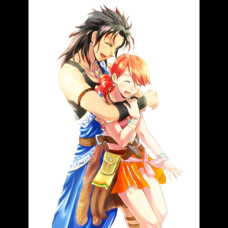 ririclub, oerba dia vanille, oerba yun fang, final fantasy, final fantasy xiii, fur, 10s, 2girls, armband, beads, belt, black hair, bracelet, closed eyes, curly hair, earrings, hug, hug from behind, indian clothes, jewelry, mole, multicolored hair, multiple girls, necklace, open mouth, orange hair, pouch, red hair, sari, short hair, simple background, skirt, yuri