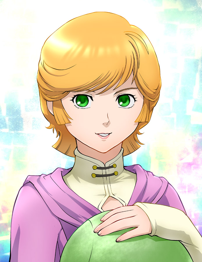 ueyama michirou, audrey burne, haro, gundam, gundam unicorn, 1girl, blonde hair, female focus, green eyes, lips, solo
