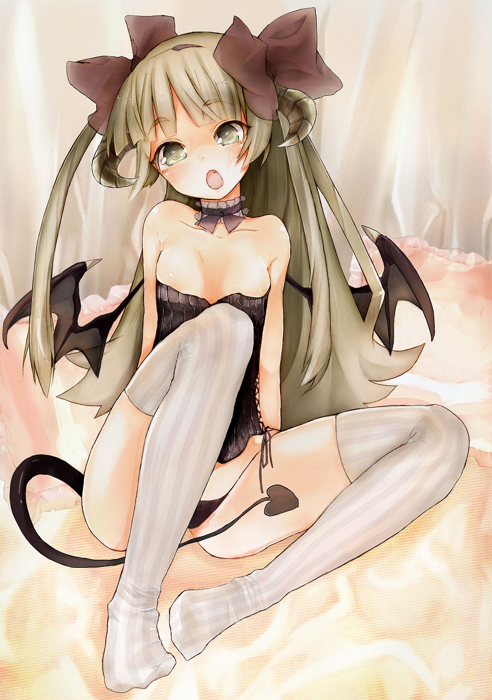 ako (clover01), original, highres, 1girl, bare shoulders, blush, breasts, brown eyes, brown hair, bustier, choker, demon girl, demon tail, demon wings, fang, female focus, hair ribbon, horns, legs, lingerie, long hair, looking at viewer, panties, ribbon, sitting, sketch, solo, striped clothes, striped thighhighs, tail, thighhighs, twintails, underwear, vertical stripes, wings