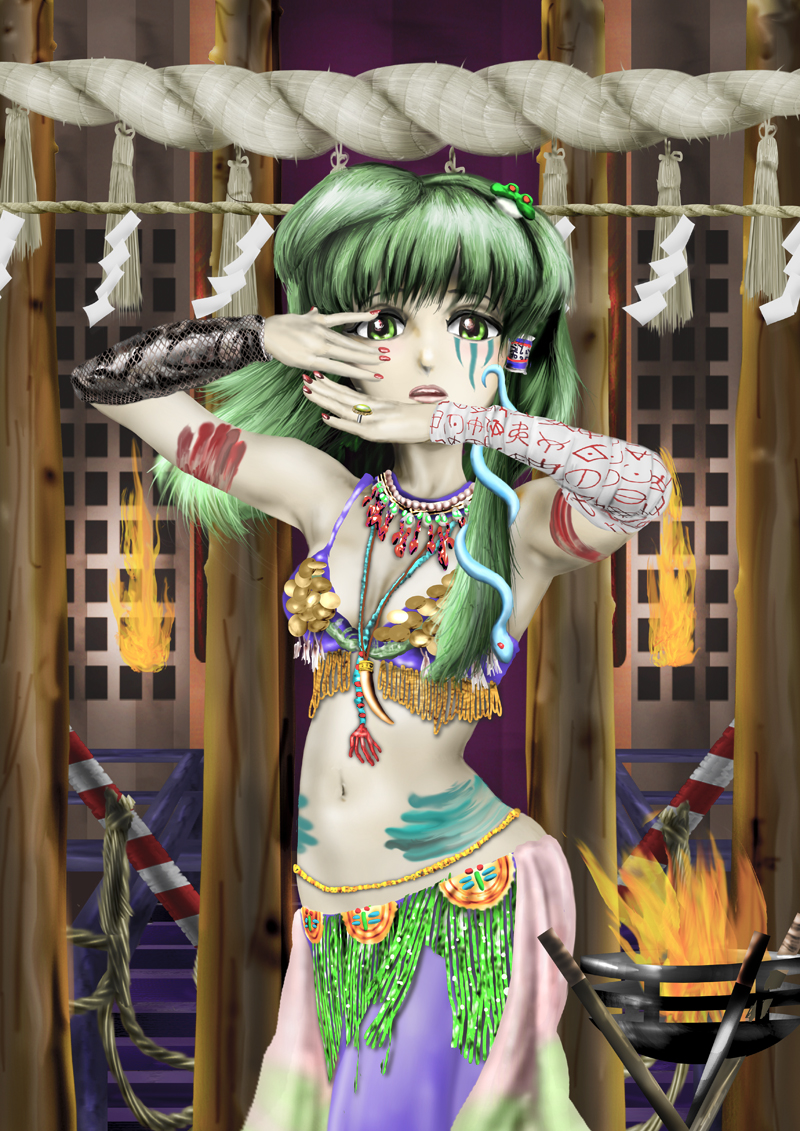 kams, kochiya sanae, touhou, commentary request, 1girl, arm warmers, armpits, blue bra, bodypaint, bra, fire, frog hair ornament, green eyes, green hair, hair ornament, hair tubes, hands up, japanese clothes, jewelry, jindai moji, lips, long hair, miko, navel, necklace, nontraditional miko, open mouth, red nails, ring, rope, shimenawa, shrine, single hair tube, skirt, snake hair ornament, tooth necklace, underwear