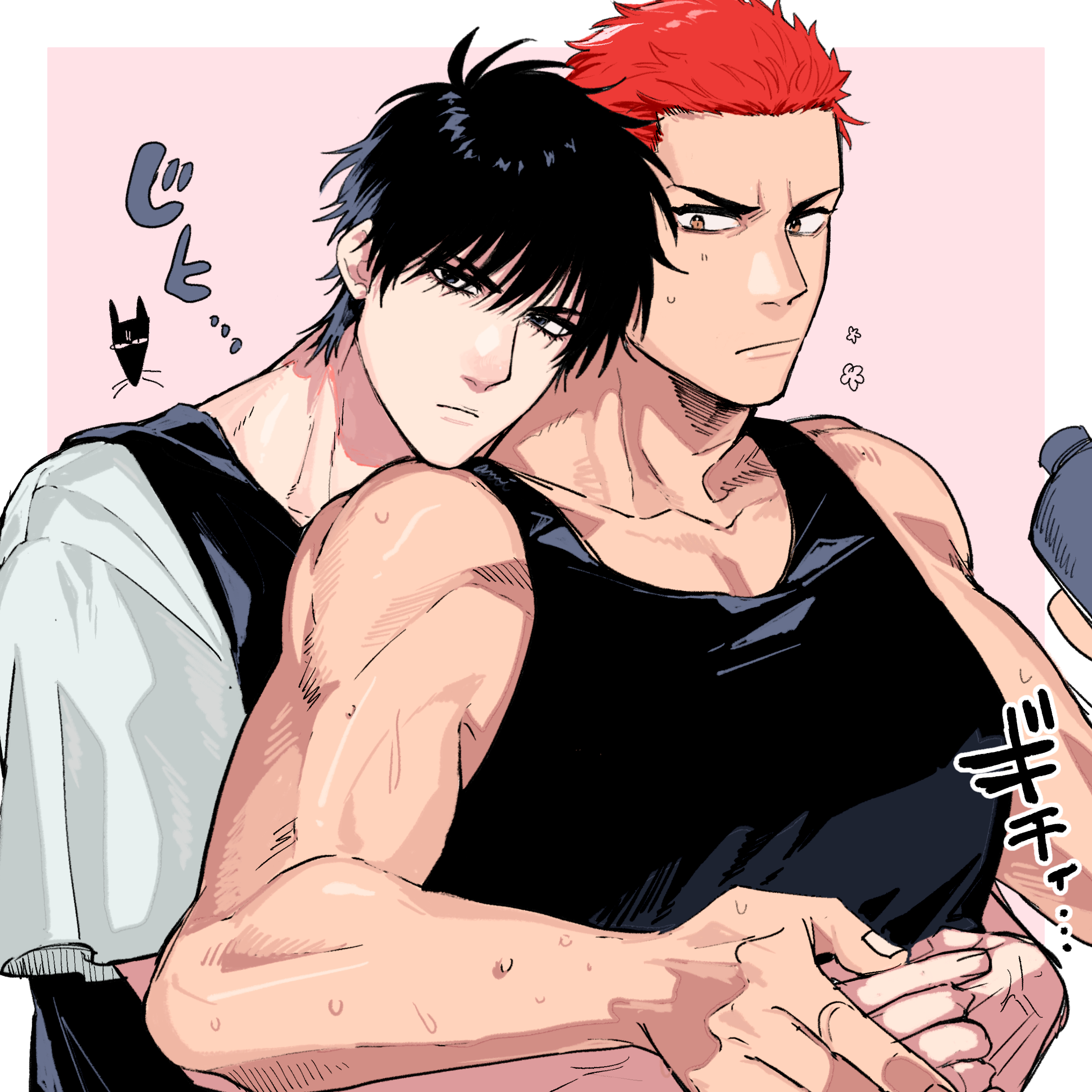 a nzi end, rukawa kaede, sakuragi hanamichi, slam dunk (series), absurdres, commentary request, highres, translation request, 2boys, black hair, black tank top, border, brown eyes, closed mouth, collarbone, hug, hug from behind, male focus, multiple boys, muscular, muscular male, orange hair, red hair, short hair, sweatdrop, tank top, upper body, v-shaped eyebrows, white border, yaoi