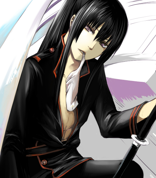 nichimaru, kanda yuu, d.gray-man, uniform, 1boy, black hair, gloves, katana, long hair, male focus, ponytail, solo, sword, weapon
