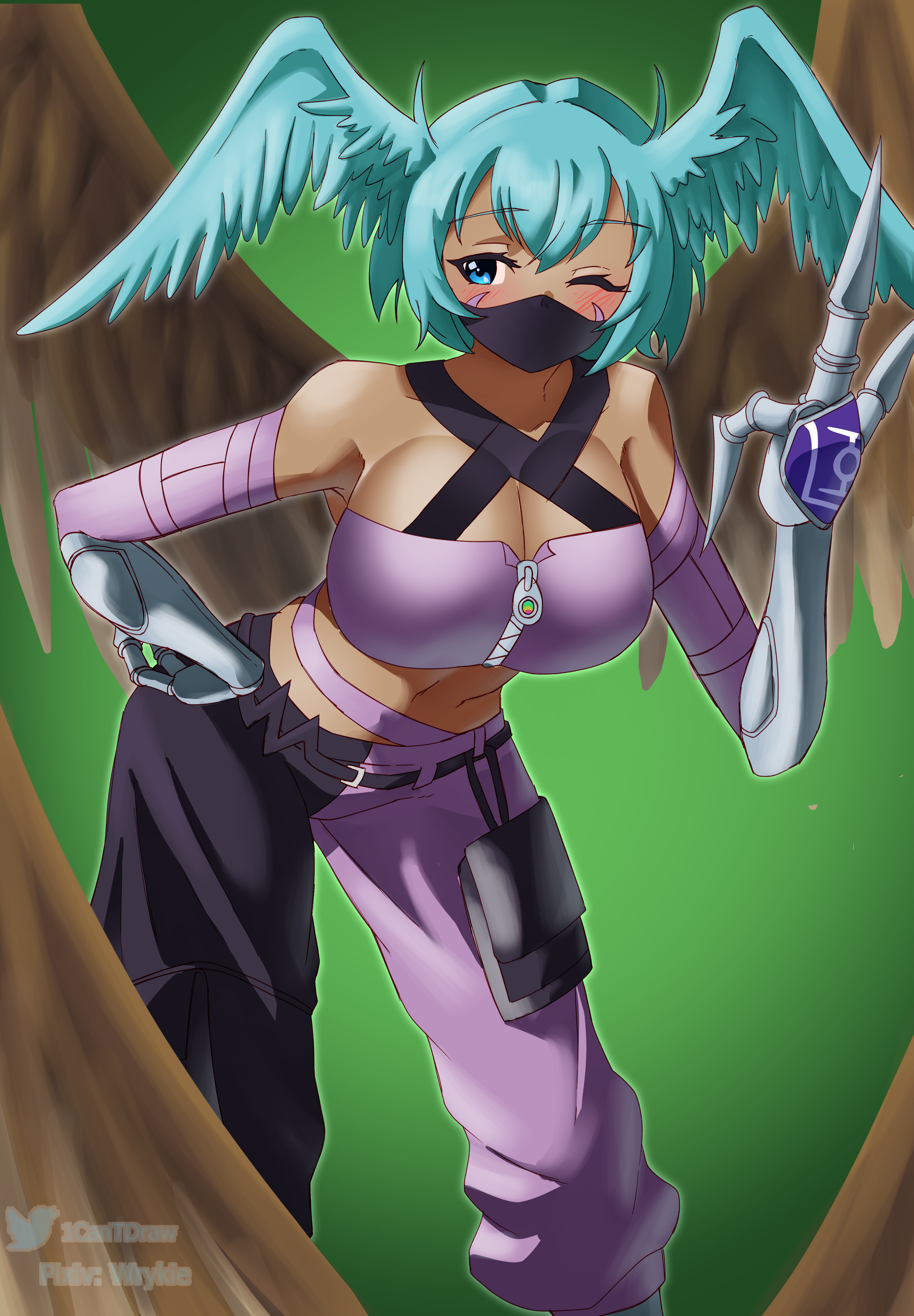 richard park, canari (pokemon), shutumon, digimon, nintendo, pokemon, pokemon legends: z-a, absurdres, commentary, english commentary, highres, variant set, 1girl, arm warmers, bandeau, bare shoulders, belt, black belt, black mask, black pants, blue eyes, blue hair, blush, breasts, brown wings, canari (pokemon) (cosplay), claws, cleavage, cosplay, covered collarbone, criss-cross straps, dark-skinned female, dark skin, digimon (creature), facial mark, feathered wings, green background, hair between eyes, hair wings, hand up, large breasts, leaning forward, long hair, mask, mega stone, mouth mask, navel, ninja mask, one eye closed, pants, pixiv username, purple arm warmers, purple bandeau, purple pants, sidelocks, solo, standing, twitter username, two-tone pants, v, wings, zipper, zipper pull tab