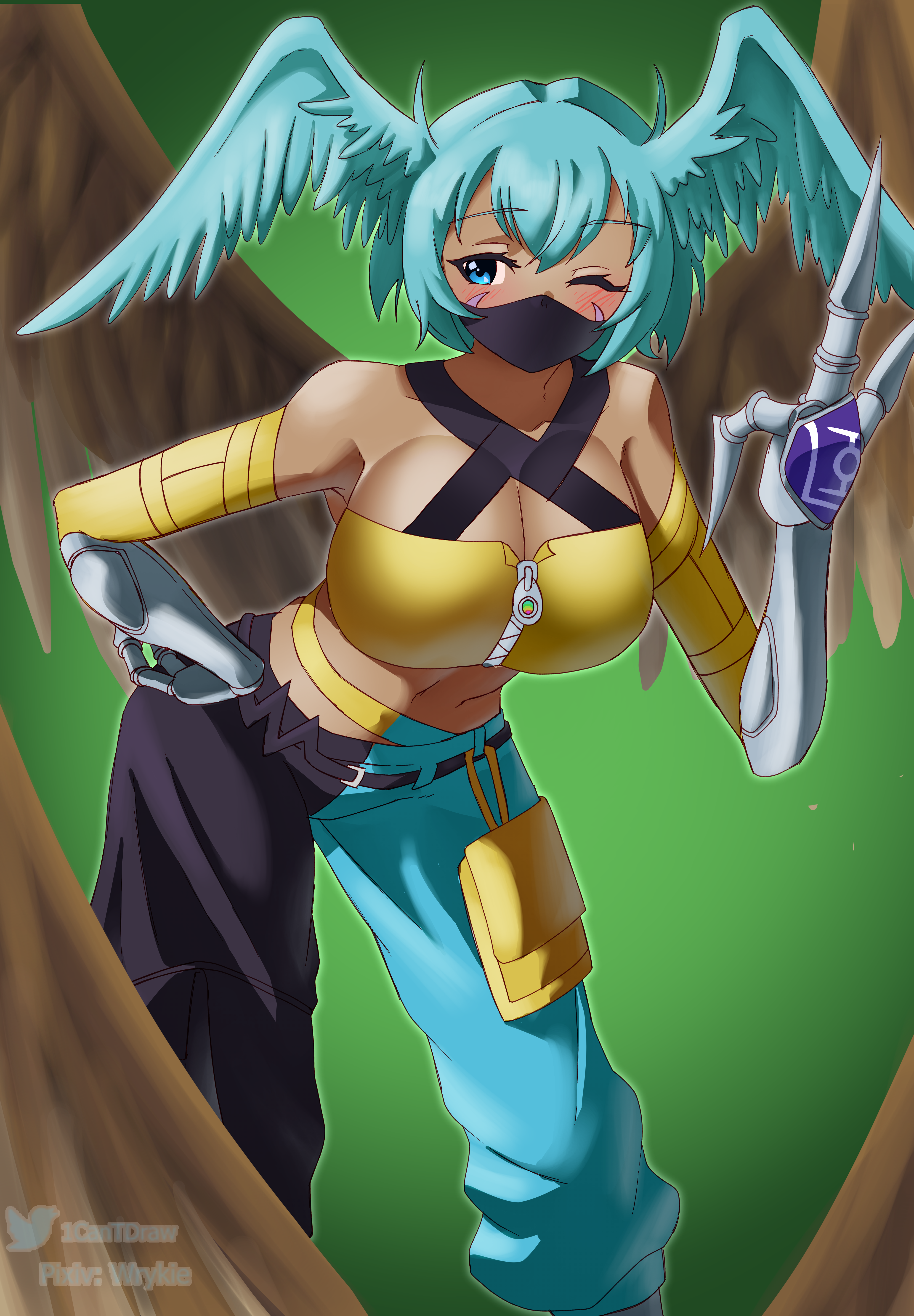 richard park, canari (pokemon), shutumon, digimon, nintendo, pokemon, pokemon legends: z-a, absurdres, commentary, english commentary, highres, variant set, 1girl, arm warmers, bandeau, bare shoulders, belt, black belt, black mask, black pants, blue eyes, blue hair, blue pants, blush, breasts, brown wings, canari (pokemon) (cosplay), claws, cleavage, cosplay, covered collarbone, criss-cross straps, dark-skinned female, dark skin, digimon (creature), facial mark, feathered wings, green background, hair between eyes, hair wings, hand up, large breasts, leaning forward, long hair, mask, mega stone, mouth mask, navel, ninja mask, one eye closed, pants, pixiv username, sidelocks, solo, standing, twitter username, two-tone pants, v, wings, yellow arm warmers, yellow bandeau, zipper, zipper pull tab