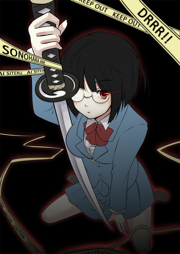 momoko (momoko14), momoko (pixiv), sonohara anri, durarara!!, bad id, bad pixiv id, 1girl, black hair, bob cut, breasts, caution tape, female focus, glasses, keep out, kneeling, large breasts, pleated skirt, red eyes, school uniform, short hair, skirt, solo, sword, weapon