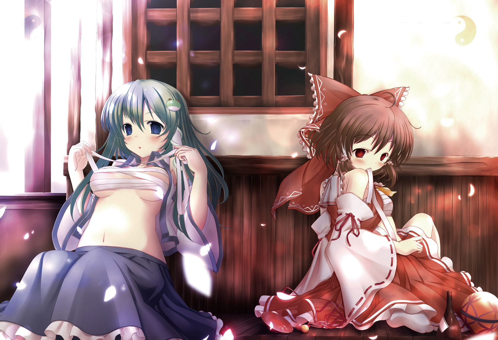 kaisu, hakurei reimu, kochiya sanae, touhou, highres, 2girls, bare shoulders, blue eyes, blush, bow, breasts, brown hair, chest sarashi, detached sleeves, female focus, green hair, hair bow, mouth hold, multiple girls, navel, petals, red eyes, ribbon, sarashi, sitting, underboob, window, wrapping, yin yang