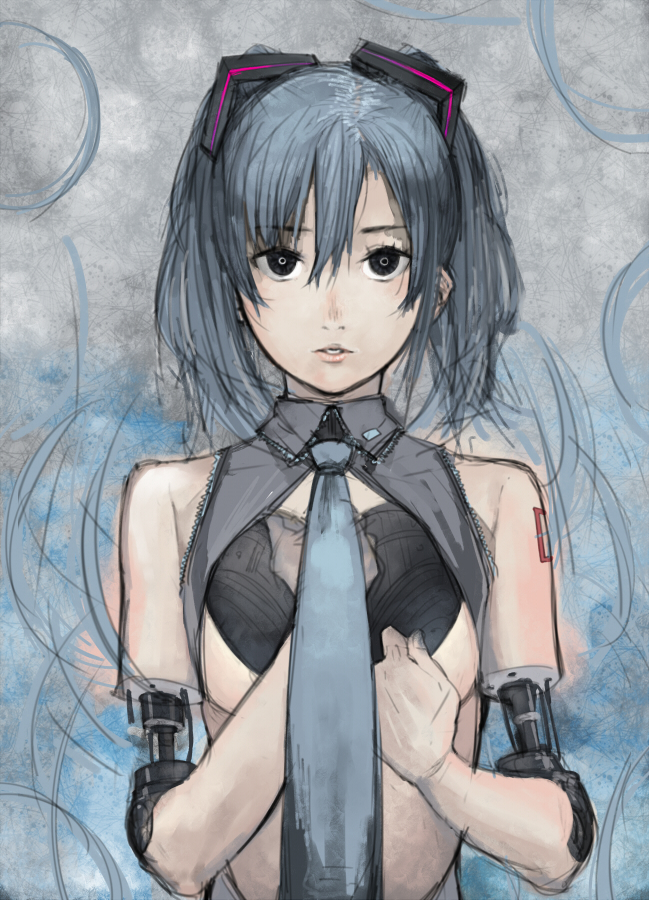 kurumayama, hatsune miku, vocaloid, alternate hair length, alternate hairstyle, android, cutting hair, green hair, joints, necktie, robot joints, sketch, solo, twintails