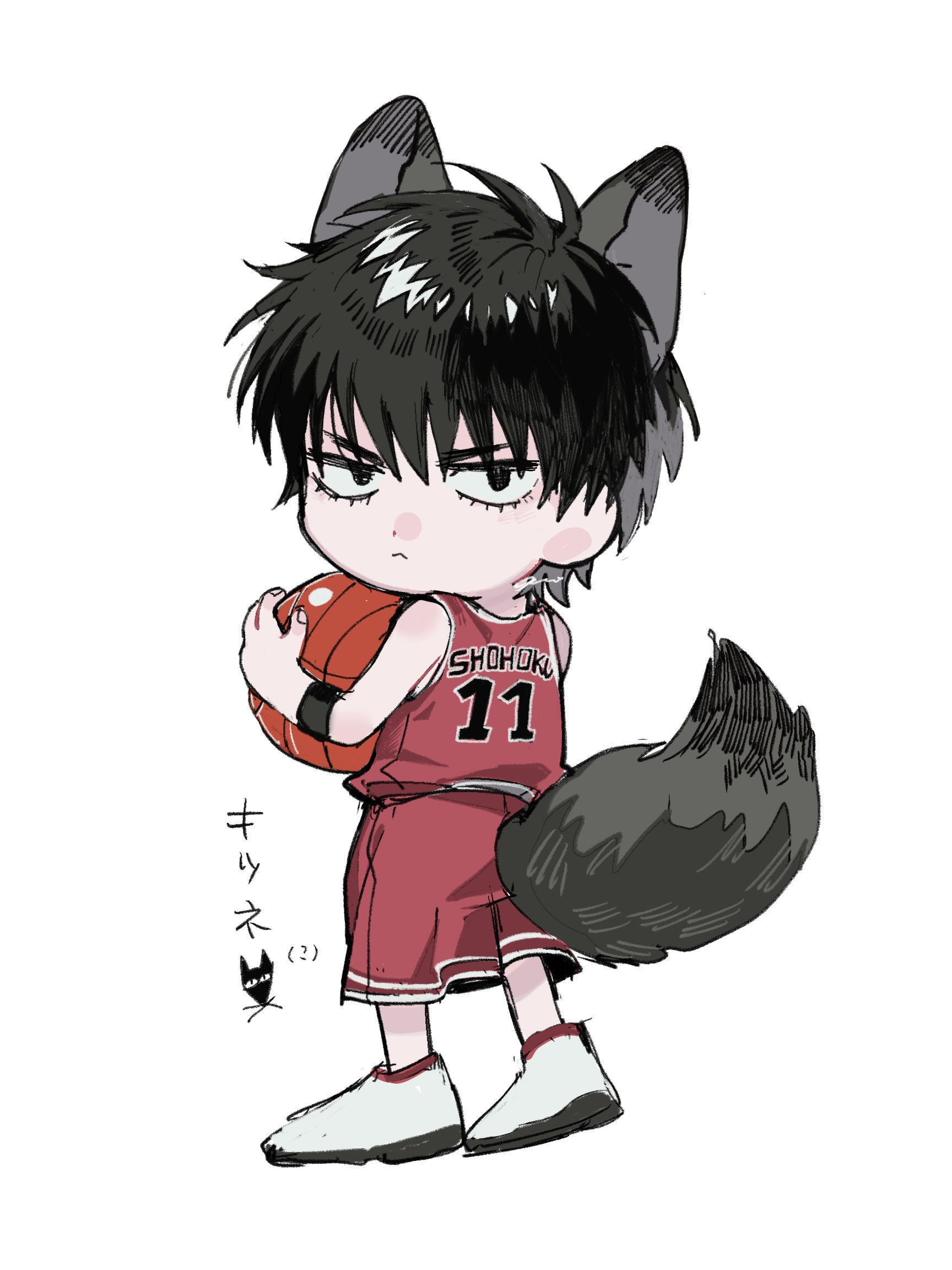 a nzi end, rukawa kaede, slam dunk (series), commentary request, highres, translation request, 1boy, :<, animal ears, ball, basketball (object), basketball uniform, black eyes, black hair, chibi, chibi only, eyelashes, full body, holding, holding ball, kemonomimi mode, looking at viewer, male focus, red shorts, red tank top, shoes, short hair, shorts, simple background, solo, sportswear, tail, tank top, white background, white shoes, wolf ears, wolf tail, wristband