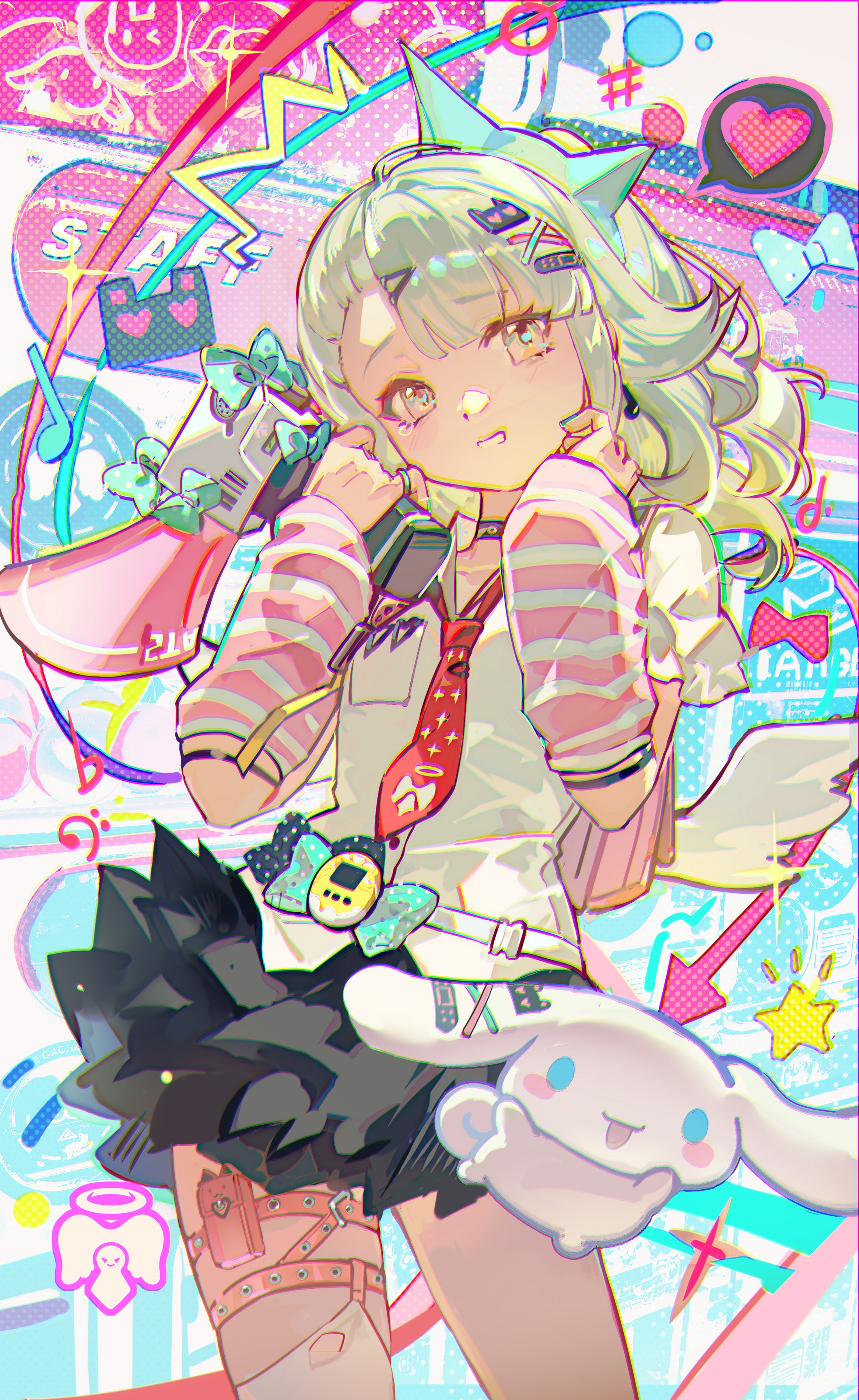 mento, cinnamoroll, sunna (zenless zone zero), fuwa fuwa cinnamoroll, sanrio, zenless zone zero, absurdres, commentary, highres, 1girl, arm warmers, black skirt, green hair, hands up, holding, holding megaphone, long hair, looking at viewer, megaphone, necktie, parted lips, red necktie, shirt, short sleeves, single thighhigh, skirt, solo, standing, striped arm warmers, tearing up, thighhighs, torn clothes, torn thighhighs, white shirt, white thighhighs, white wings, wings