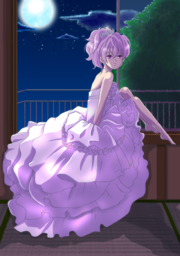 bonsuto, yin (darker than black), darker than black, bad id, bad pixiv id, 1girl, back, bare back, bare shoulders, barefoot, dress, feet, female focus, formal clothes, legs, moon, moonlight, purple dress, solo, tiara