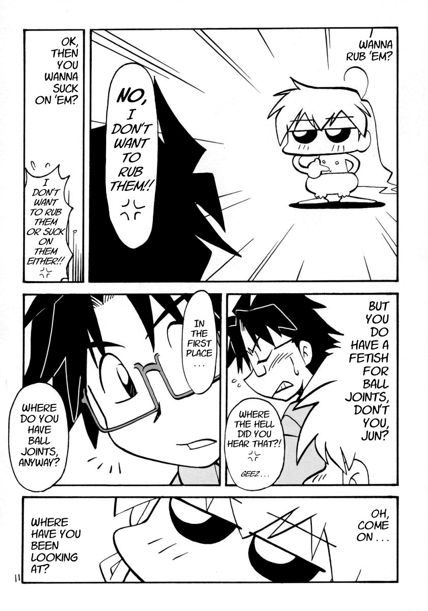 sakurada jun, shinku, rozen maiden, hard-translated, highres, third-party edit, 00s, 1boy, 1girl, angry, chibi, comic, english text, flat chest, frills, glasses, greyscale, long hair, monochrome, navel, nipples, panties, topless female, underwear