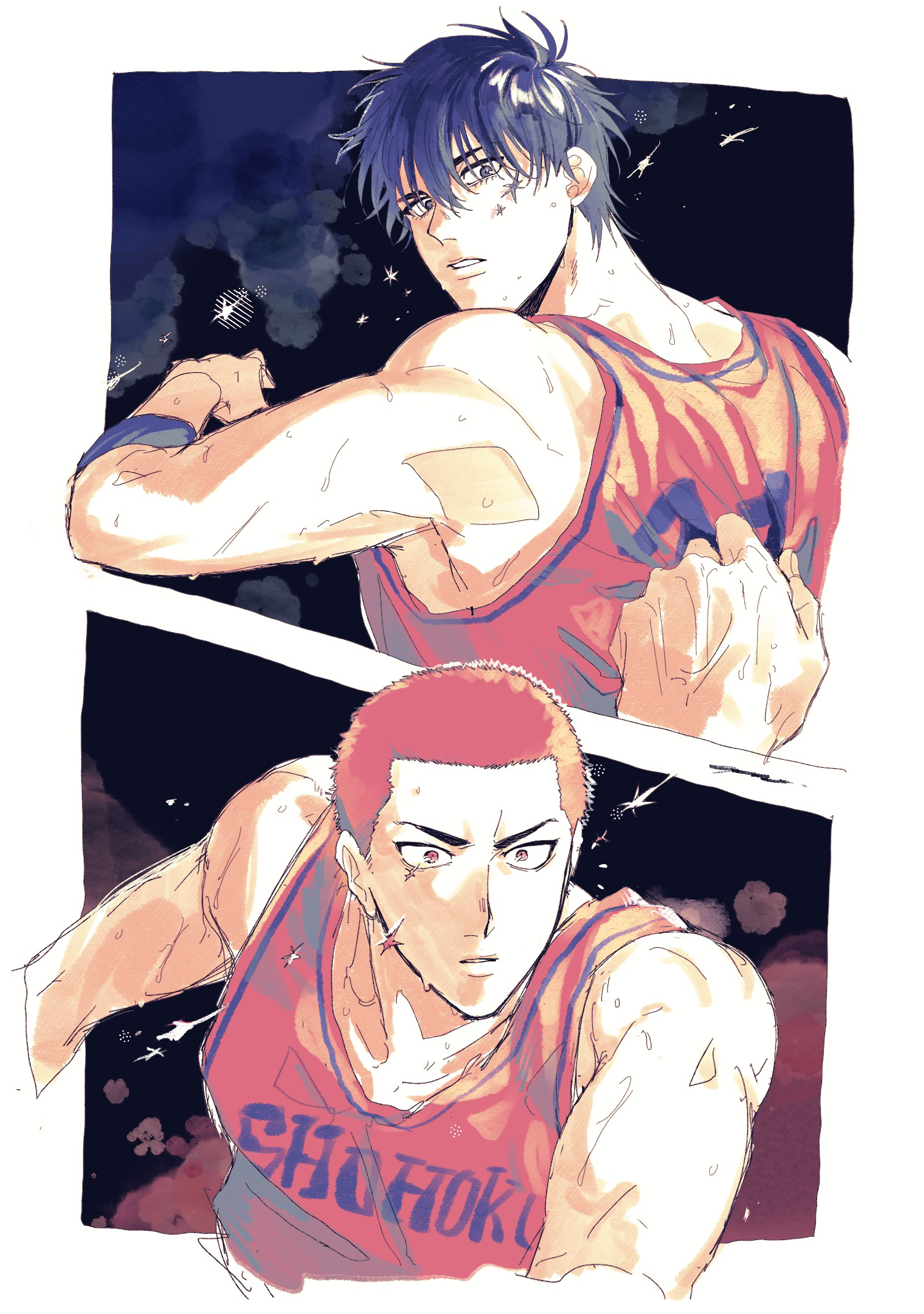 a nzi end, rukawa kaede, sakuragi hanamichi, slam dunk (series), commentary request, highres, 2boys, basketball uniform, clothes grab, grabbing another's shirt, looking at another, looking back, male focus, multiple boys, parted lips, short hair, sideburns, sportswear, star (symbol), sweat, tank top, turning head