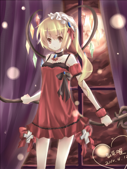shibataya, vivia (artist), flandre scarlet, touhou, bad id, bad pixiv id, 1girl, blonde hair, female focus, hat, lingerie, negligee, red eyes, short hair, side ponytail, solo, underwear, wings