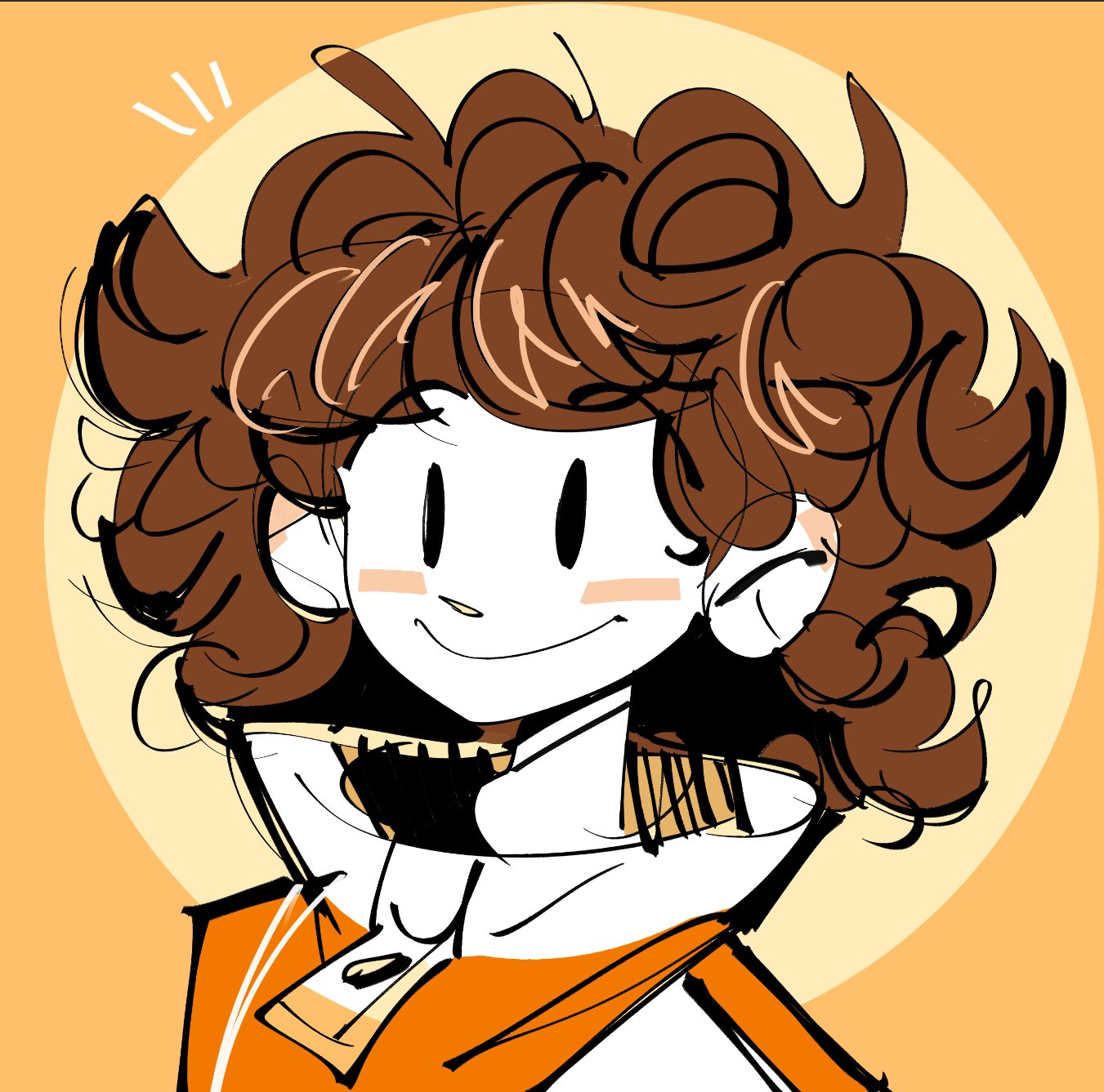 peargor, highres, black eyes, blush, brown hair, i was born to work retail, jacket, large collar, looking at viewer, messy hair, mob face, multicolored jacket, orange background, orange jacket, portrait, smile, solid oval eyes, two-tone jacket, white jacket, yu (peargor), zipper