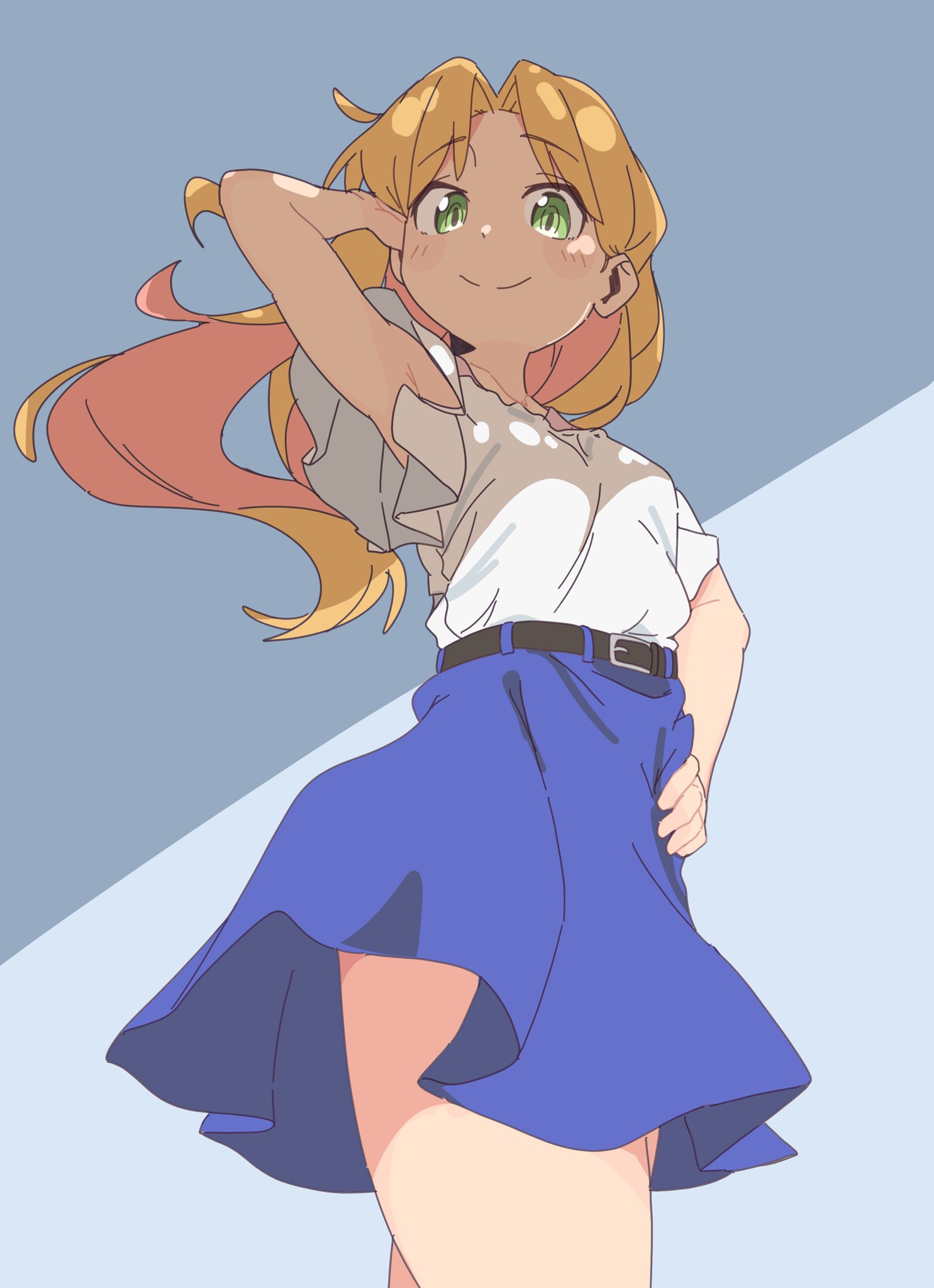 4uys, tanigawa ruri, ruri no houseki, commentary request, highres, 1girl, belt, belt buckle, black belt, blonde hair, blouse, blue skirt, breasts, buckle, closed mouth, collarbone, cowboy shot, from below, green eyes, hair behind ear, hand in own hair, hand on own hip, hand up, long hair, looking at viewer, looking down, parted bangs, raised eyebrows, shade, shirt, short sleeves, skirt, small breasts, smile, solo, thighs, two-tone background, white shirt
