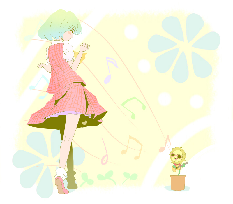 kouzilow, kazami yuuka, touhou, >:d, 1girl, :d, closed eyes, dancing, dancing flower, female focus, flower, guitar, happy, instrument, musical note, open mouth, plaid clothes, plaid skirt, plaid vest, skirt, skirt set, smile, solo, sunglasses, v-shaped eyebrows, vest