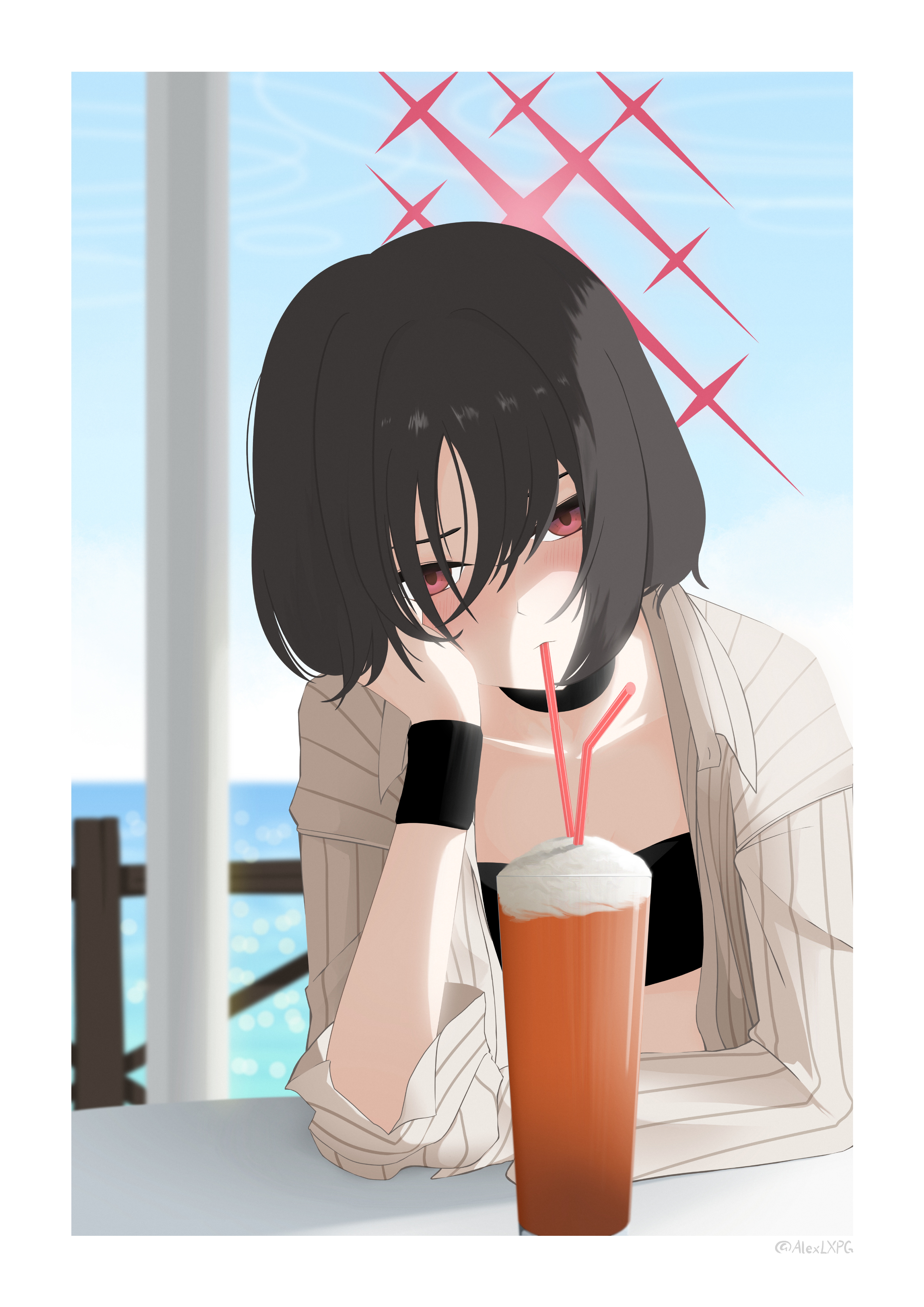 misaki (blue archive), misaki (swimsuit) (blue archive), blue archive, absurdres, commentary, english commentary, highres, 1girl, alexlxpg, bandeau, bikini, bikini under clothes, black bandeau, black bikini, black choker, black hair, blue sky, border, choker, cup, day, drink, drinking straw, drinking straw in mouth, elbow on table, elbow rest, foam, halo, hand on own cheek, hand on own face, head rest, light blush, looking at viewer, ocean, official alternate costume, open clothes, open shirt, pinstripe pattern, pinstripe shirt, pov across table, red eyes, red halo, ring of light (blue archive), shirt, short hair, sky, solo, striped clothes, striped shirt, swimsuit, table, vertical-striped clothes, vertical-striped shirt, water, white border, wristband