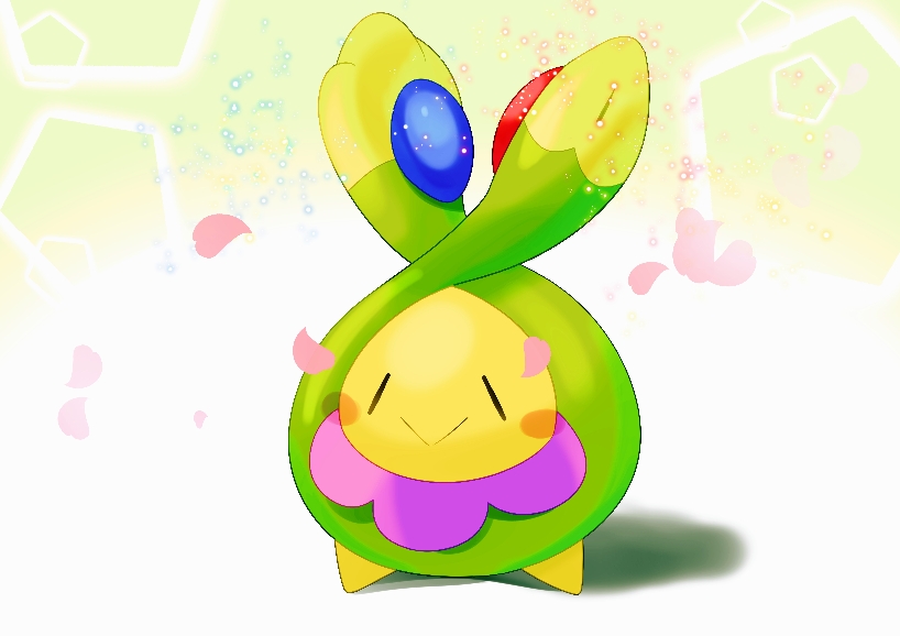 omega takai, budew, nintendo, pokemon, commentary request, blush stickers, closed mouth, full body, gen 4 pokemon, light particles, no humans, petals, pokemon (creature), shadow, smile, solo