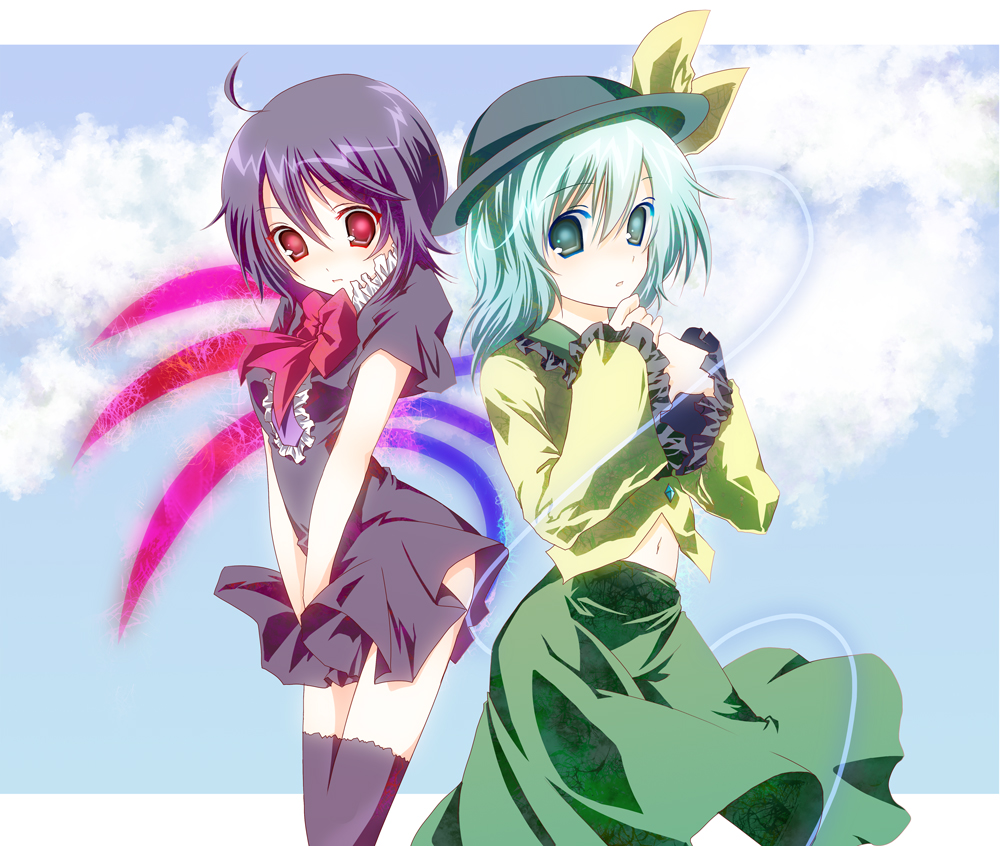 amanagi seiji, subaru (insmode), houjuu nue, komeiji koishi, touhou, bad id, bad pixiv id, 2girls, back-to-back, female focus, multiple girls, thighhighs, zettai ryouiki