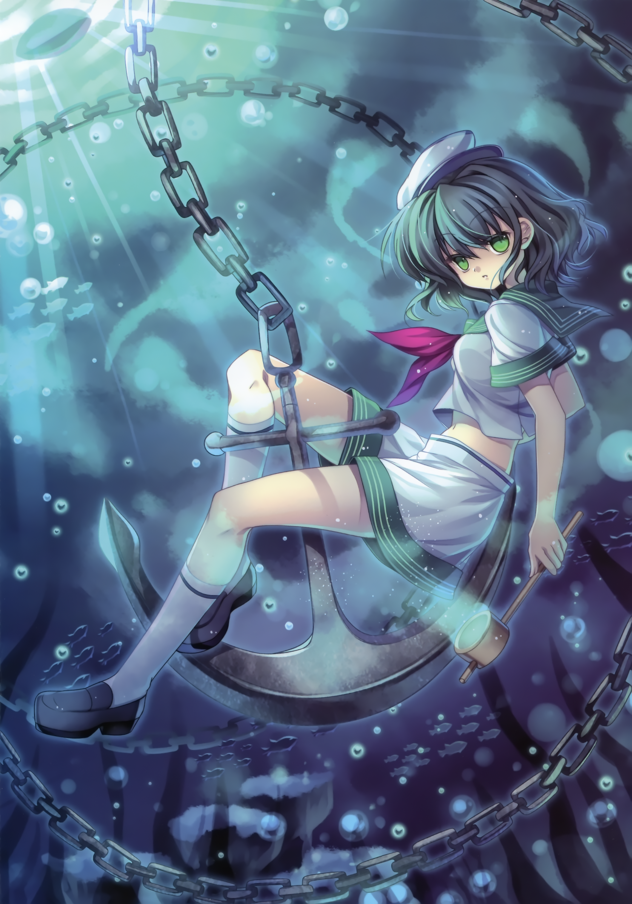 capura lin, murasa minamitsu, touhou, absurdres, highres, 1girl, anchor, black hair, chain, female focus, full body, green eyes, hat, sailor, sailor collar, sailor hat, short hair, solo