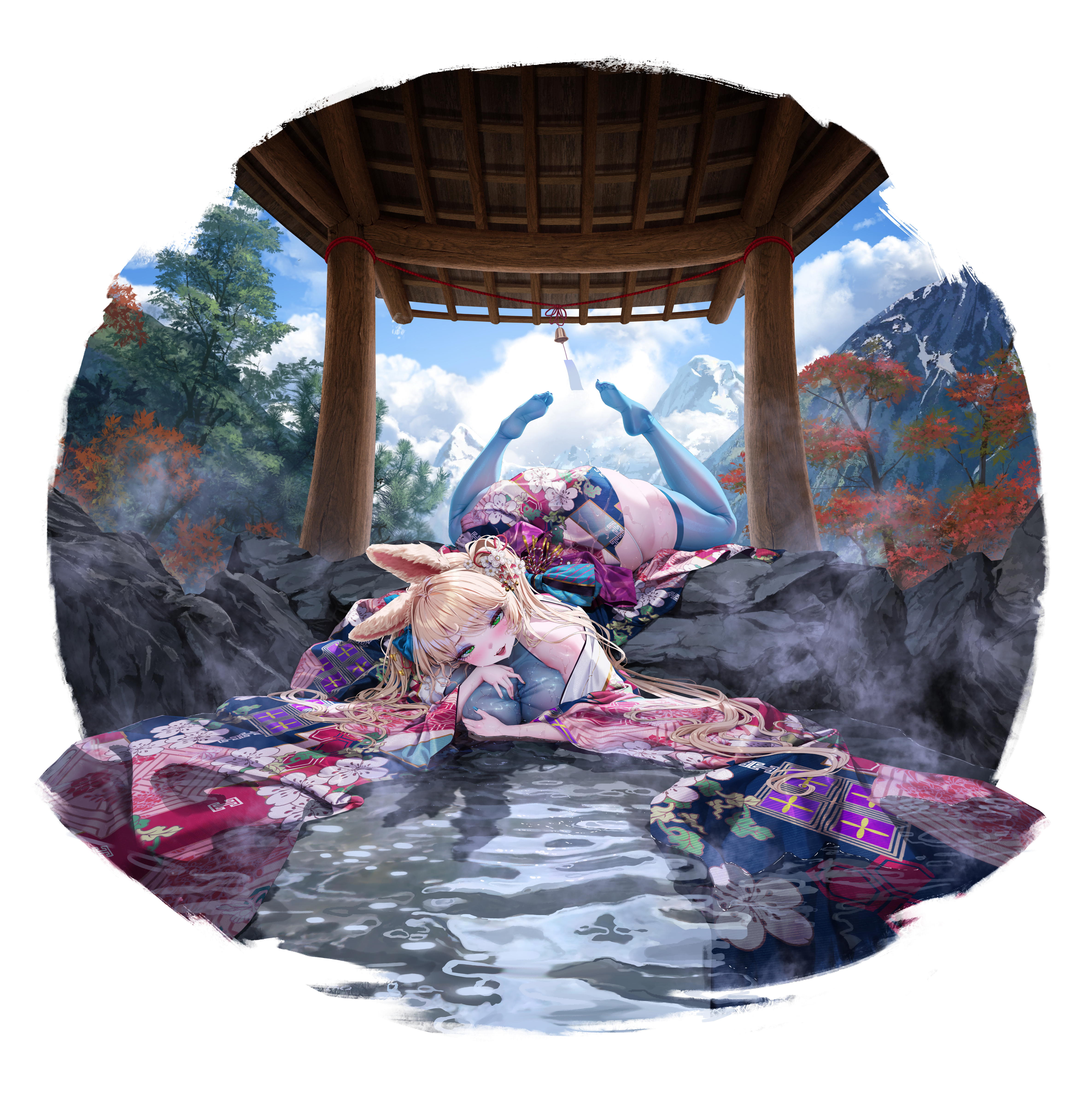 daiblos core, absurdres, artist request, character request, highres, official art, 1girl, animal ears, back bow, blonde hair, blue bow, blue nails, blue thighhighs, blush, bow, breasts, cloud, eyeshadow, flower, green eyes, grey eyeshadow, hair flower, hair ornament, japanese clothes, large breasts, long hair, lying, makeup, mountain, on stomach, open mouth, see-through cleavage, see-through clothes, sky, solo, the pose, thighhighs, tree, water, white flower