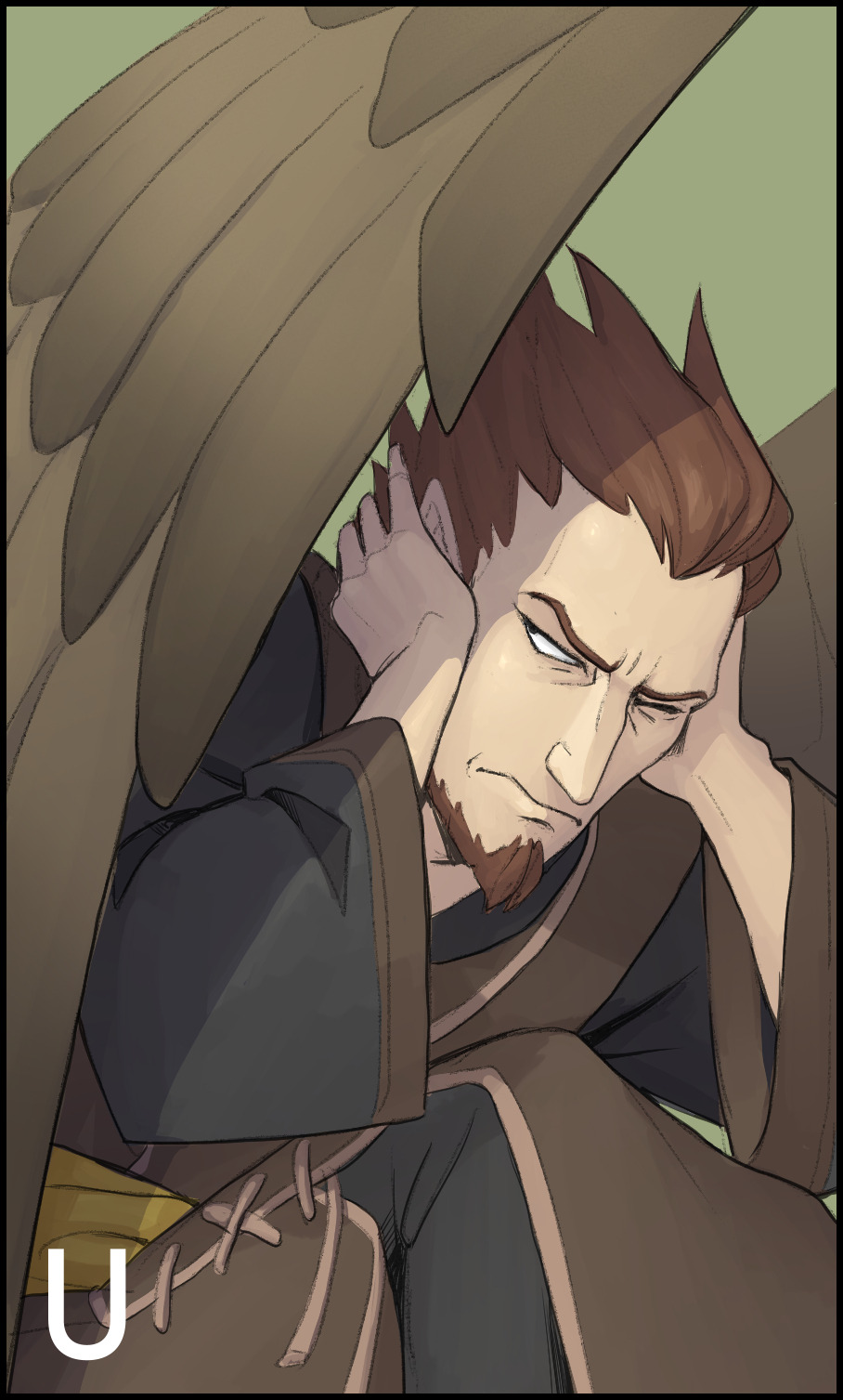 tuinen, ulki (fire emblem), fire emblem, fire emblem: path of radiance, nintendo, commentary, highres, 1boy, beard, black border, border, brown hair, chinstrap beard, covering own ears, facial hair, green background, male focus, one eye closed, pointy ears, short hair, simple background, solo, wings