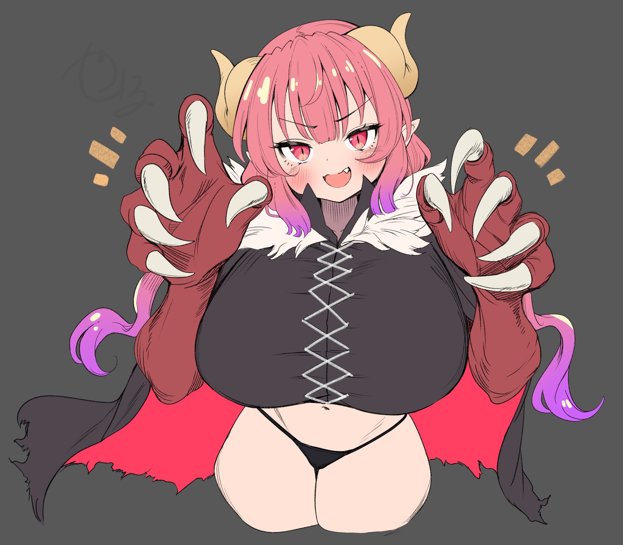 yana (nekoarashi), ilulu (maidragon), kobayashi-san chi no maidragon, commentary request, highres, 1girl, :d, black cape, black panties, blush, breasts, cape, cowboy shot, cropped legs, cross-laced clothes, cross-laced top, curled horns, dragon claw, dragon girl, dragon horns, dragon tail, fang, gradient hair, grey background, horns, huge breasts, long hair, looking at viewer, multicolored hair, navel, notice lines, open mouth, oppai loli, panties, pink hair, pointy ears, purple hair, red cape, red eyes, signature, simple background, slit pupils, smile, solo, standing, tail, twintails, two-sided cape, two-sided fabric, underwear, v-shaped eyebrows, very long hair, yellow horns