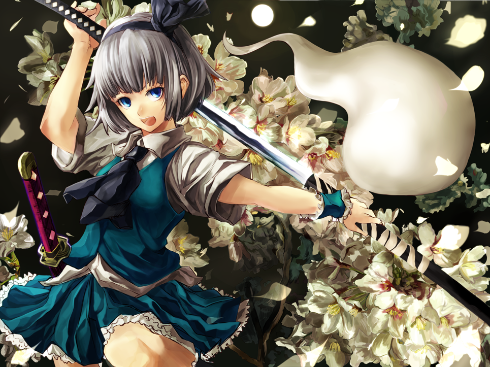 kuro kichi, shirabi, konpaku youmu, konpaku youmu (ghost), touhou, silver hair, colorized, 1girl, blue eyes, bob cut, dress shirt, female focus, flower, ghost, hairband, katana, open mouth, plant, sheath, shirt, short hair, skirt, solo, sword, unsheathing, weapon, wrist cuffs
