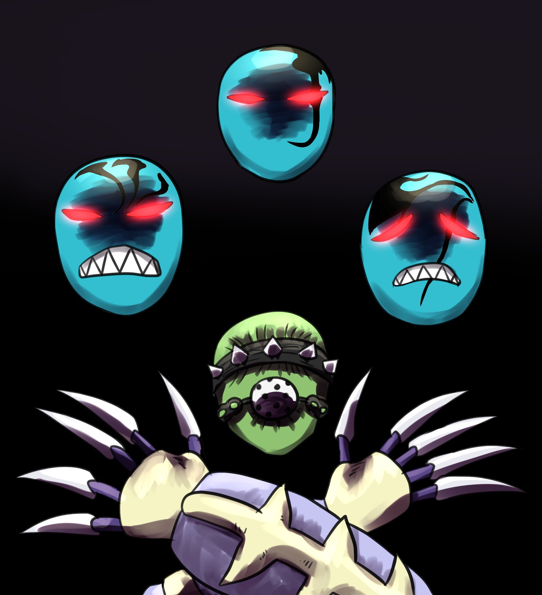 go madare, masked beast des gardius, bohemian rhapsody, queen (band), yu-gi-oh!, :<, black background, claws, creature, crossed arms, darkness, demon, duel monster, evil eyes, glowing, glowing eyes, grin, looking at viewer, mask, meme, monster, multiple heads, parody, queen ii, red eyes, sharp teeth, simple background, smile, teeth