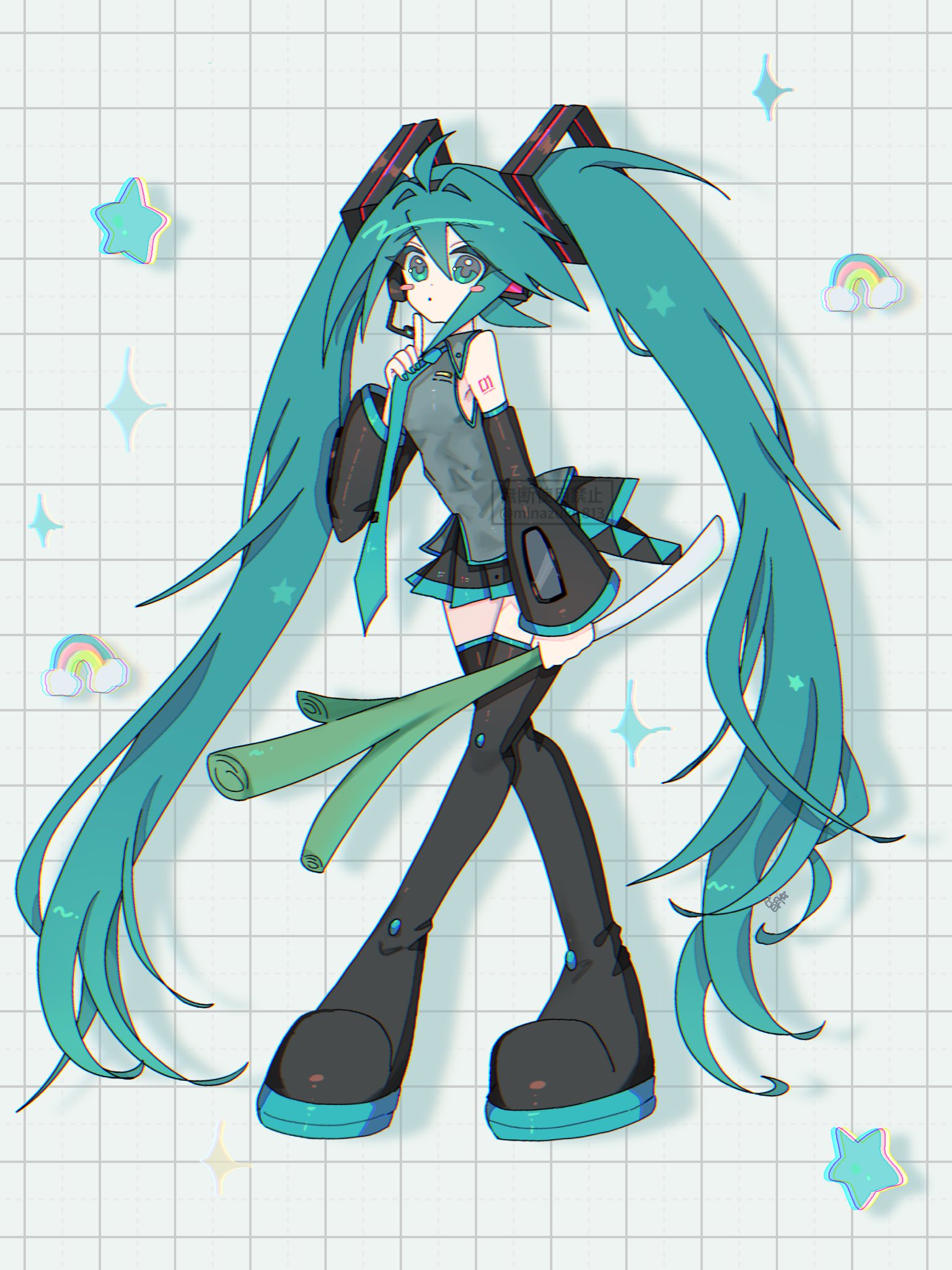 minazuki (minaduki 0318), hatsune miku, vocaloid, commentary request, highres, 1girl, aqua eyes, aqua hair, aqua necktie, black skirt, black sleeves, detached sleeves, grey shirt, headphones, headset, long hair, necktie, number tattoo, pleated skirt, shirt, skirt, sleeveless, sleeveless shirt, solo, spring onion, tattoo, twintails, very long hair
