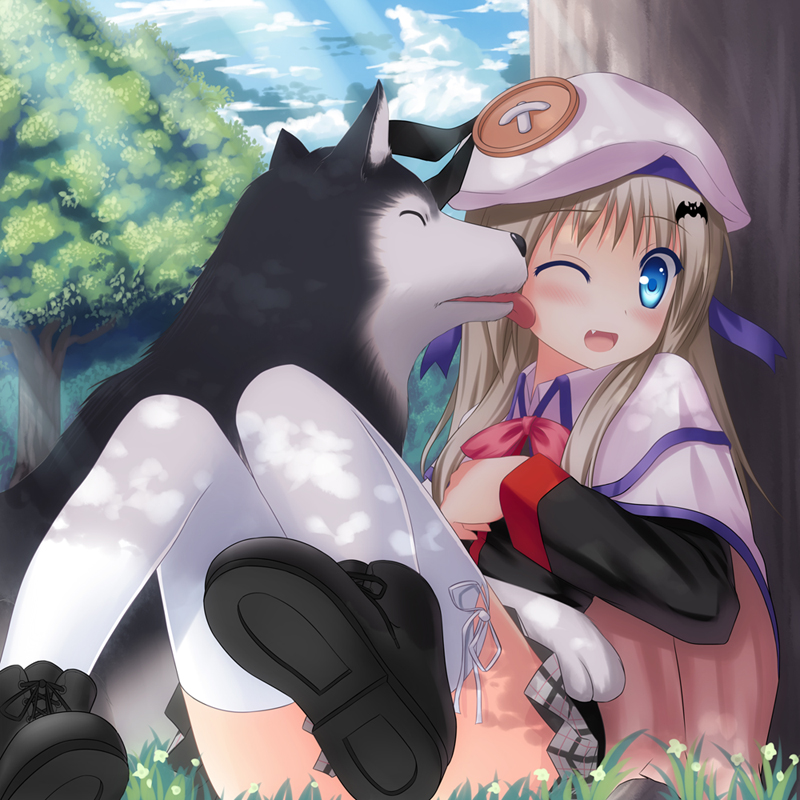 dinyc, noumi kudryavka, strelka (little busters!), little busters!, 1girl, blonde hair, blue eyes, cape, censored, convenient censoring, convenient leg, dog, fang, female focus, hat, licking, long hair, one eye closed, plaid clothes, plaid skirt, school uniform, skirt, solo, thighhighs, tree, wink