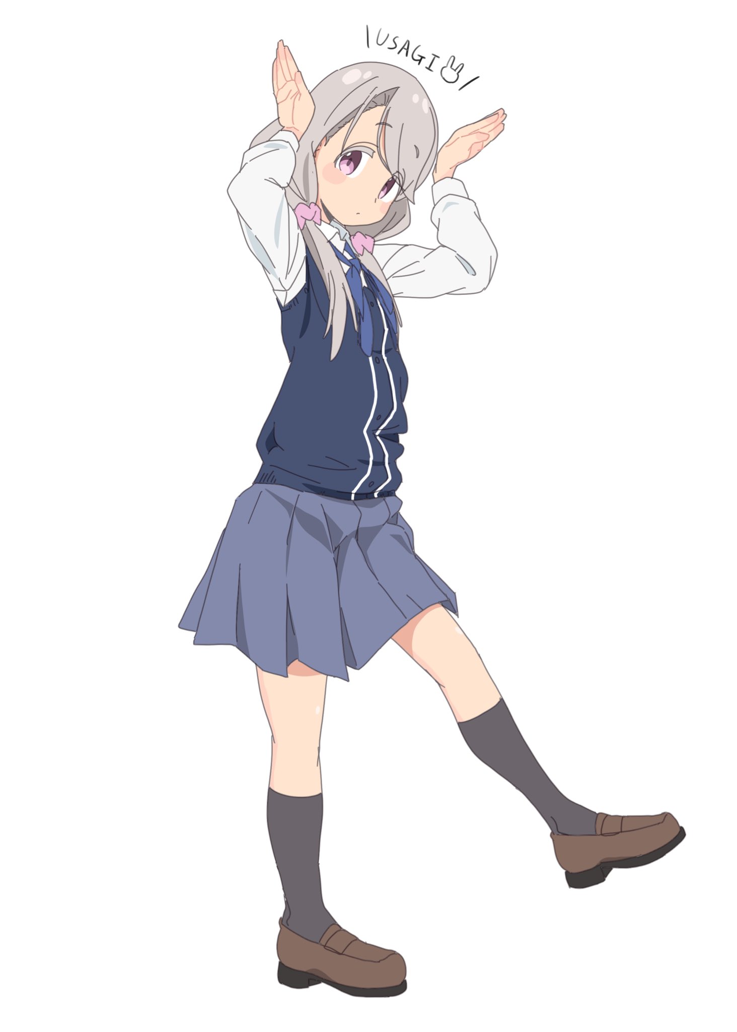 4uys, shikishima sakurako, mono (afro), commentary request, highres, 1girl, black socks, blue bow, blue bowtie, blue cardigan, blush stickers, bow, bowtie, cardigan, cardigan vest, closed mouth, collared shirt, expressionless, full body, grey hair, grey skirt, hair ornament, hair over shoulder, hair scrunchie, hands up, kneehighs, loafers, long hair, long sleeves, looking at viewer, low twintails, miniskirt, pink scrunchie, pleated skirt, purple eyes, rabbit pose, raised eyebrows, school uniform, scrunchie, shirt, shoes, simple background, skirt, socks, solo, standing, standing on one leg, twintails, white background, white shirt