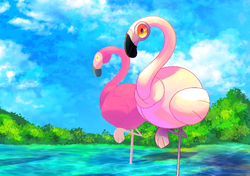 omega takai, flamigo, nintendo, pokemon, commentary request, alternate color, animal focus, blue sky, closed mouth, cloud, day, lake, no humans, orange eyes, outdoors, pokemon (creature), shiny pokemon, sky, standing