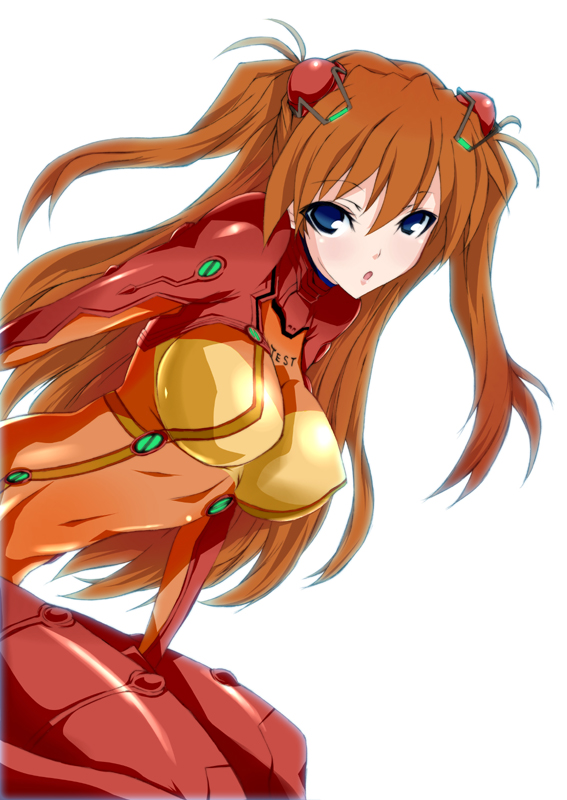 sawa (sawa-house), souryuu asuka langley, neon genesis evangelion, rebuild of evangelion, 1girl, :o, blue eyes, bodysuit, breasts, brown hair, female focus, large breasts, long hair, mecha pilot suit, plugsuit (evangelion), solo, test plugsuit (evangelion)