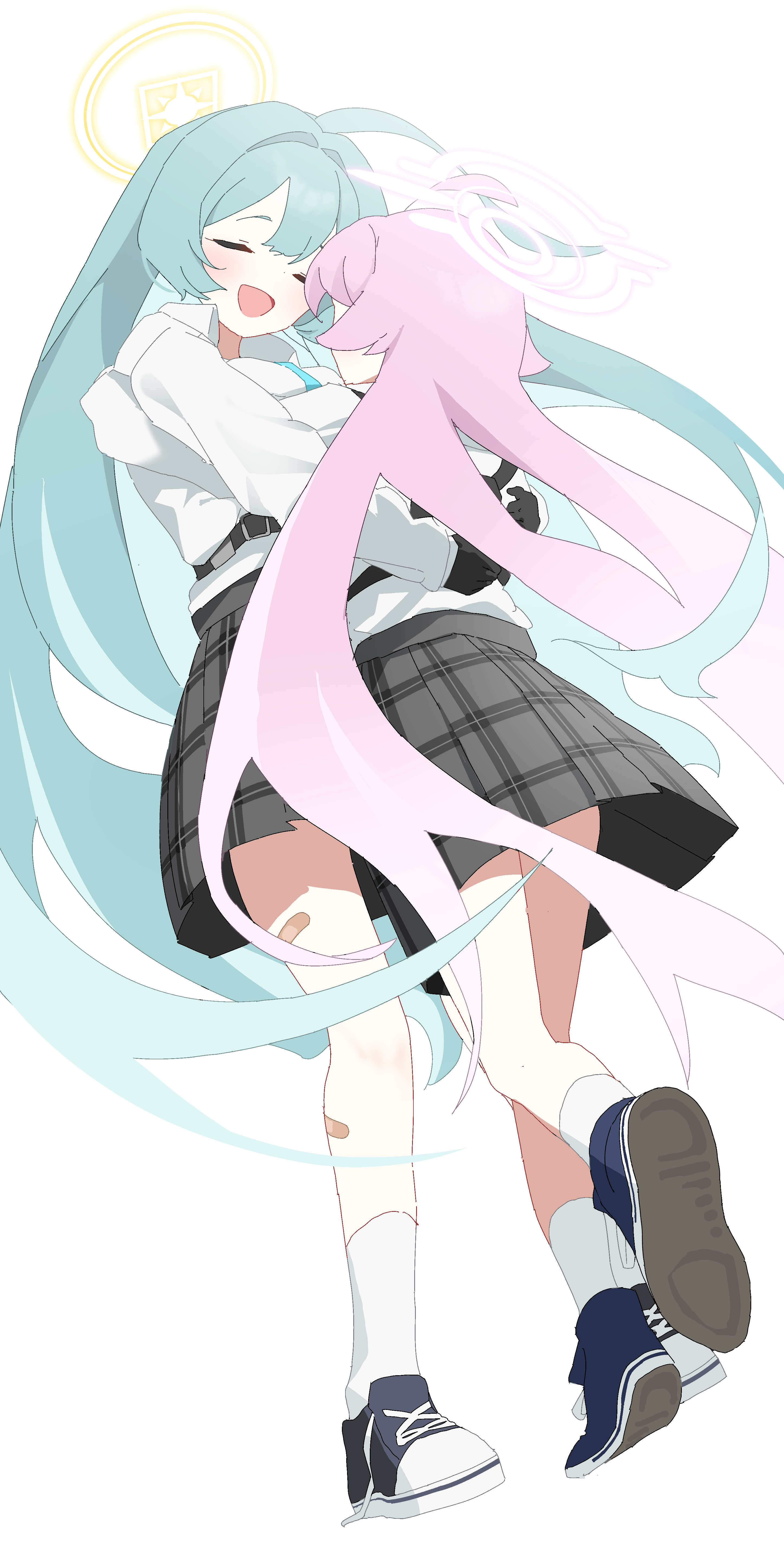 fuyubone, hoshino (blue archive), yume (blue archive), blue archive, absurdres, commentary request, highres, partial commentary, 2girls, ahoge, bandaid, bandaid on leg, black gloves, black shoes, blush, closed eyes, facing away, full body, gloves, green hair, grey skirt, halo, holster, hug, long hair, long sleeves, multiple girls, open mouth, pink hair, plaid clothes, plaid skirt, pleated skirt, shirt, shoes, simple background, skirt, smile, socks, very long hair, white background, white shirt, white socks