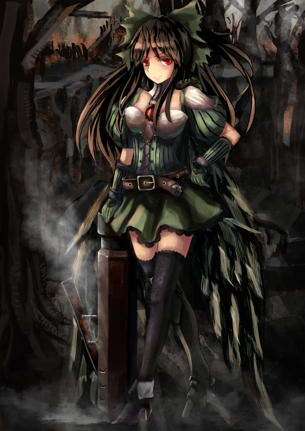 lion (artist), lion (enkifield), reiuji utsuho, touhou, highres, 1girl, alternate costume, armor, armored dress, belt, bow, brown hair, collar, dress, female focus, high heels, jewelry, lace, long hair, pendant, red eyes, shoes, solo, thighhighs