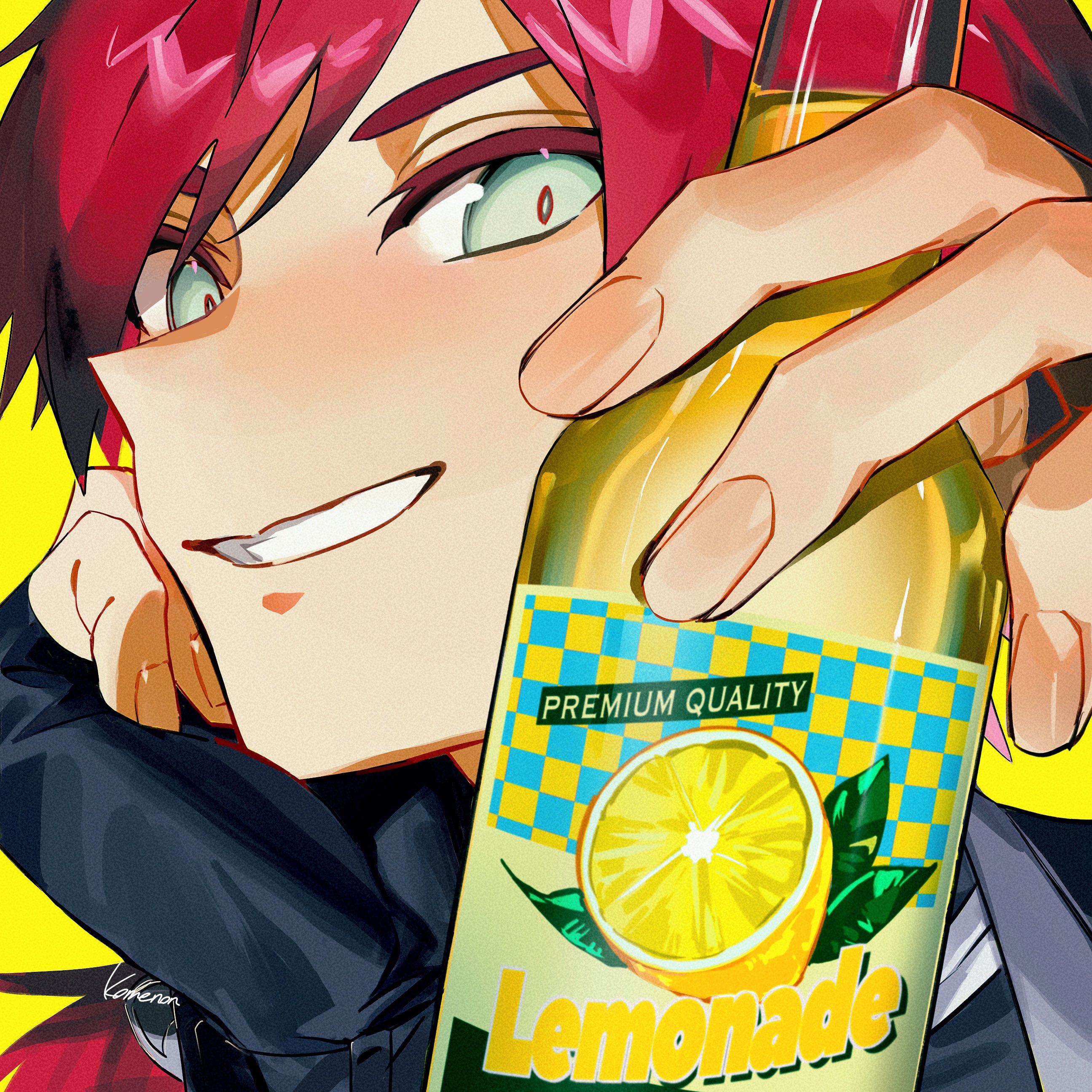 kome non, lauren iroas, lauren iroas (1st costume), nijisanji, absurdres, commentary, english commentary, highres, 1boy, black gloves, bottle, drink, fingerless gloves, glass bottle, gloves, green eyes, grin, hair between eyes, hand up, head rest, holding, holding bottle, long hair, looking at viewer, male focus, portrait, red hair, simple background, smile, solo, virtual youtuber, yellow background