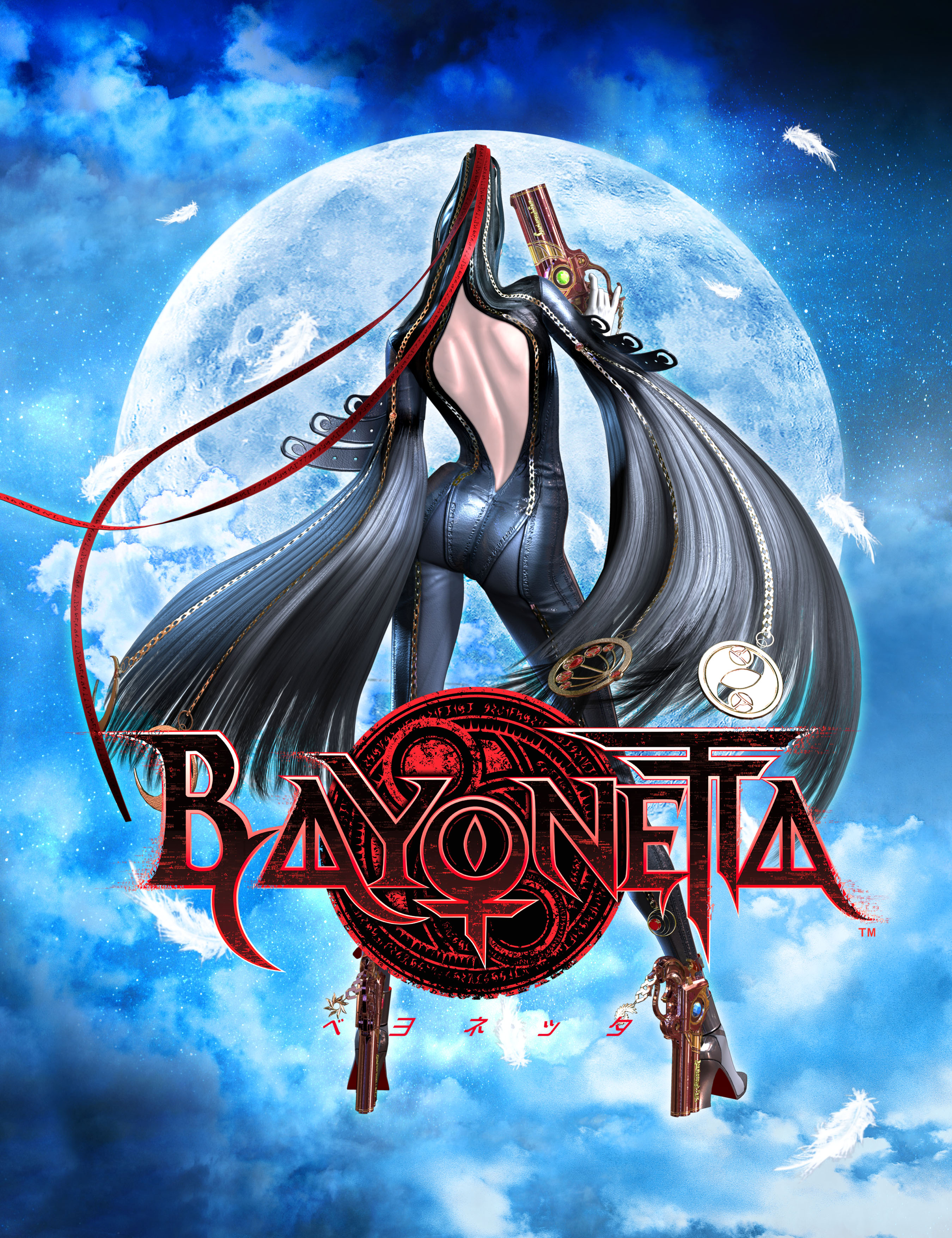 bayonetta, bayonetta (series), bayonetta 1, absurdres, highres, official art, 1girl, 3d, ass, back, backless outfit, black hair, bodysuit, feathers, female focus, from behind, gloves, gun, hair ribbon, handgun, high heels, long hair, moon, ribbon, shoes, solo, strap, very long hair, weapon