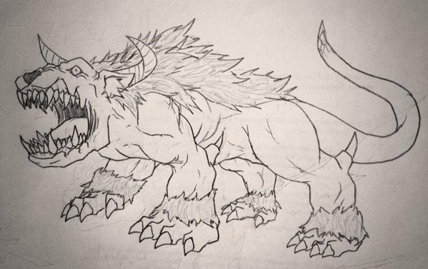 behemoth the king of the all animals, yu-gi-oh!, artist request, traditional media, claws, duel monster, full body, horns, open mouth, sharp teeth, solo, standing, tail, teeth