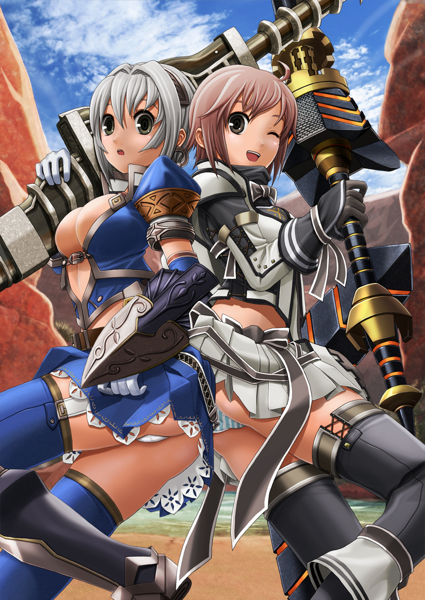 v-mag, capcom, monster hunter (series), monster hunter frontier, black legwear, blue legwear, character request, highres, 2girls, ahoge, armor, azure (armor), back-to-back, breasts, brown hair, cleavage, grey hair, lance, large breasts, legs, long legs, miniskirt, multiple girls, one eye closed, panties, pantyshot, pleated skirt, polearm, short hair, skirt, spear, striped clothes, striped panties, thighhighs, thighs, underwear, upskirt, weapon, white panties, wink