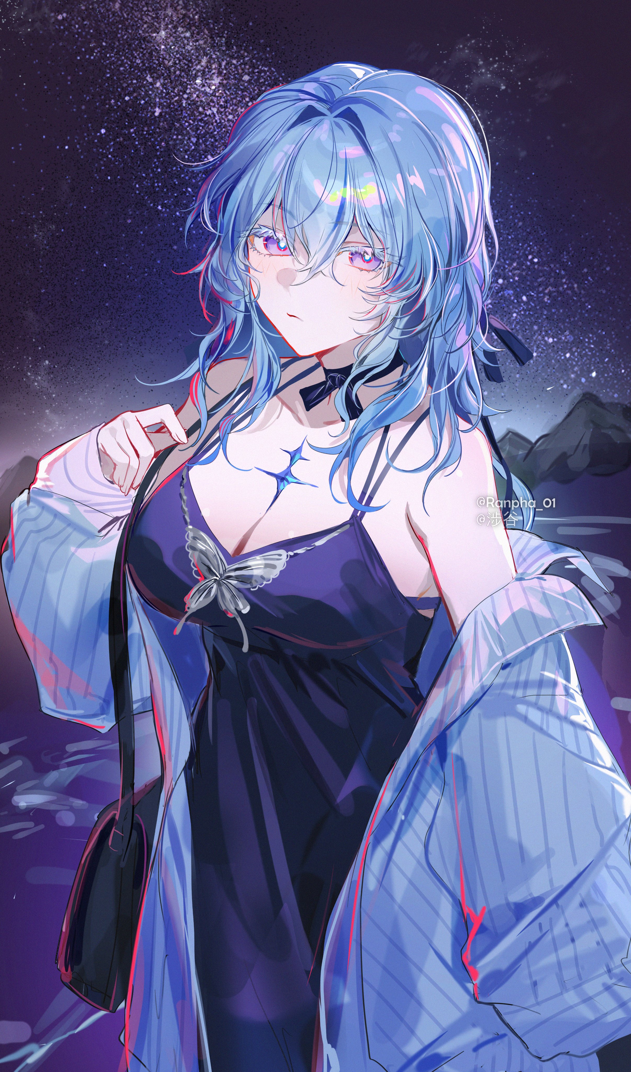 shibuya (kurokamishain), shorekeeper (wuthering waves), wuthering waves, absurdres, commentary, highres, 1girl, alternate costume, bare shoulders, black bag, blue hair, blue jacket, breasts, cleavage, closed mouth, collarbone, colored eyelashes, cowboy shot, dress, hair between eyes, jacket, large breasts, long hair, looking at viewer, night, off shoulder, outdoors, purple dress, purple eyes, sky, solo, star (sky), starry sky, twitter username
