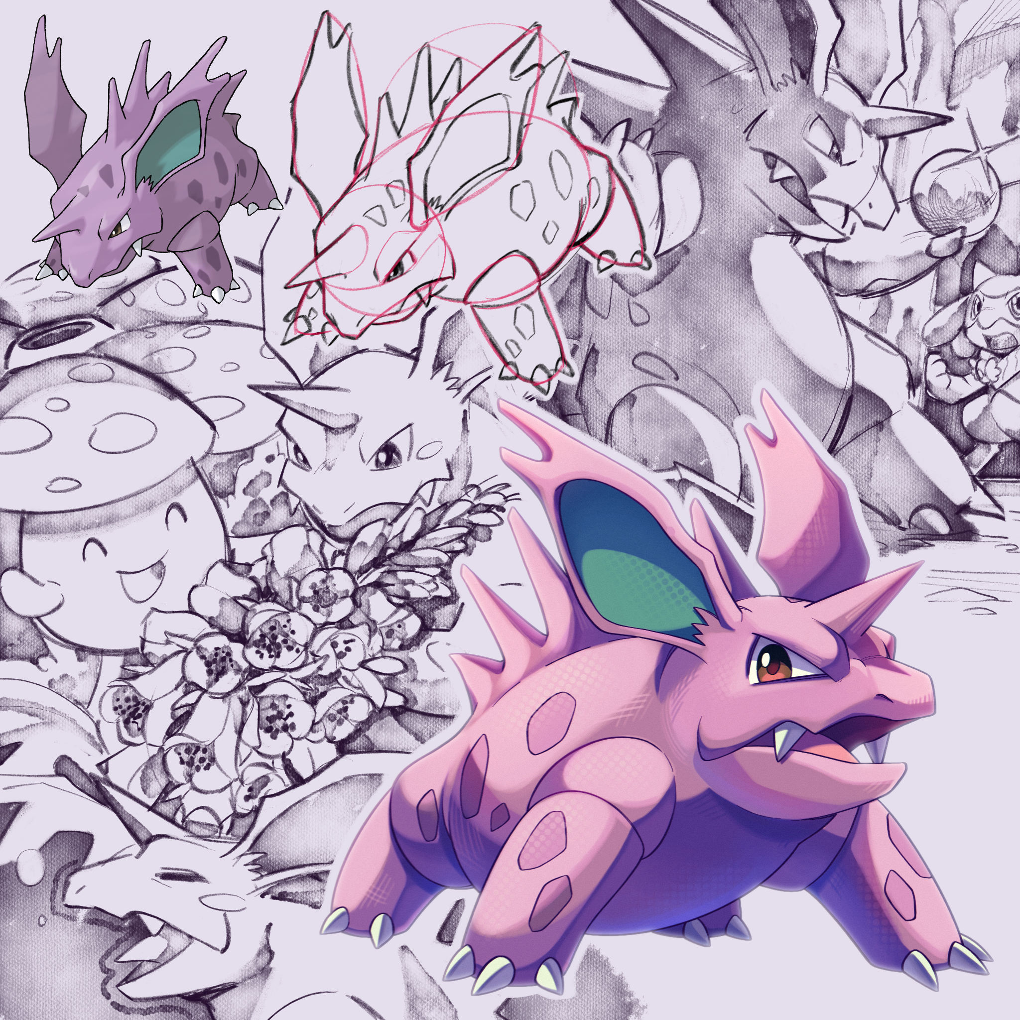 shoupitsuki, nidorino, riolu, vileplume, nintendo, pokemon, pokemon mystery dungeon, pokemon mystery dungeon: explorers of time/darkness/sky, commentary request, highres, claws, colored skin, exploration team badge, fangs, flower, gen 1 pokemon, gen 4 pokemon, horns, large ears, no humans, open mouth, orb, pokemon (creature), pokemon focus, purple skin, red eyes, single horn, sketch, sleeping, smile, spines