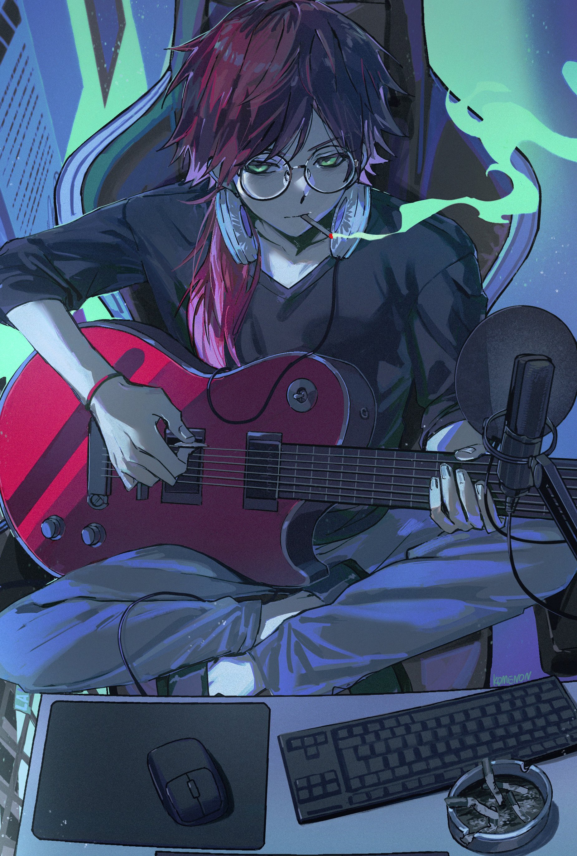 kome non, lauren iroas, nijisanji, absurdres, highres, 1boy, alternate costume, ashtray, black shirt, chair, cigarette, closed mouth, computer keyboard, computer mouse, electric guitar, gaming chair, glasses, green eyes, grey pants, guitar, hair between eyes, headphones, headphones around neck, indian style, indoors, instrument, long hair, long sleeves, microphone, mousepad (object), music, on chair, overdose (natori), pants, playing guitar, playing instrument, ponytail, red hair, round eyewear, shirt, side ponytail, sitting, smoke, smoke trail, smoking, socks, solo, swivel chair, virtual youtuber, white socks